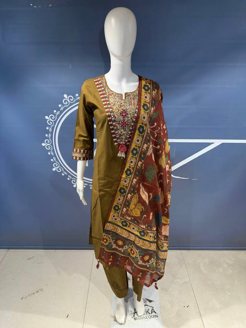 Elegant Olive Embroidered Kurta Set with Printed Dupatta