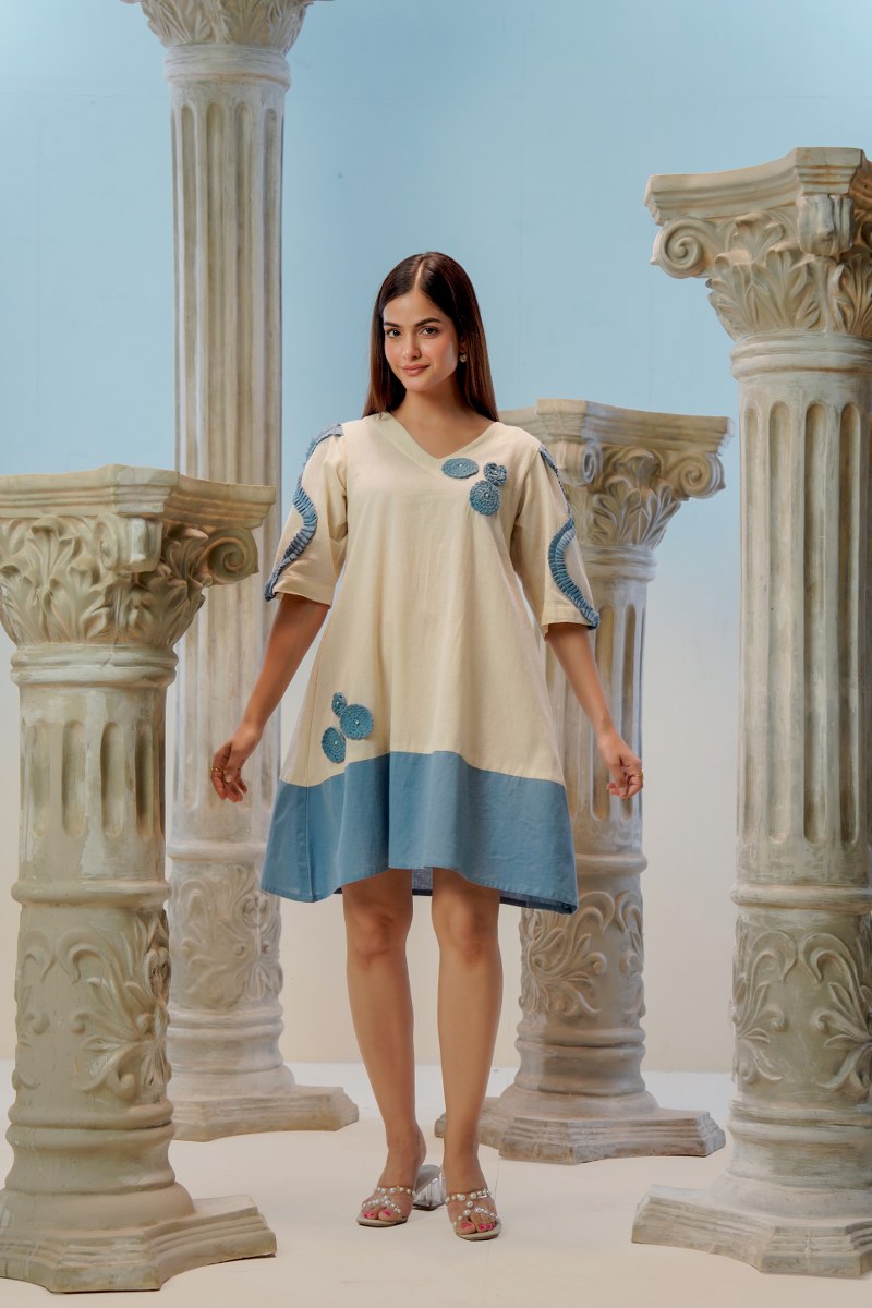 Beige & Blue Cotton Flex A-Line Frock with Handcrafted Appliqué Work