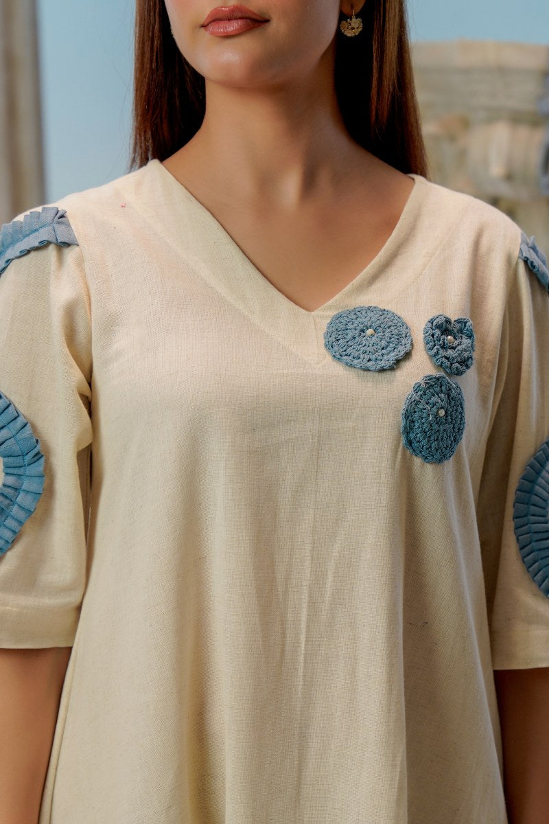 Beige & Blue Cotton Flex A-Line Frock with Handcrafted Appliqué Work
