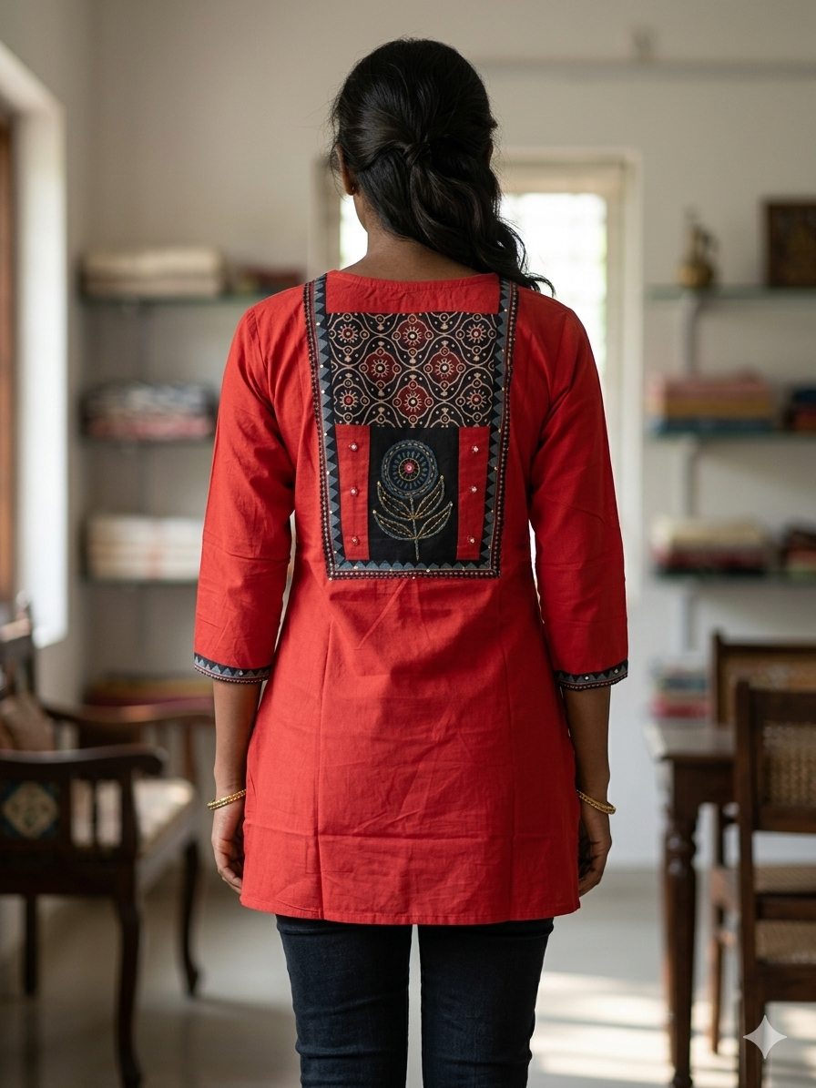 Elegant Rust Red Cotton Short Top with Handcrafted Ethnic Panel Design