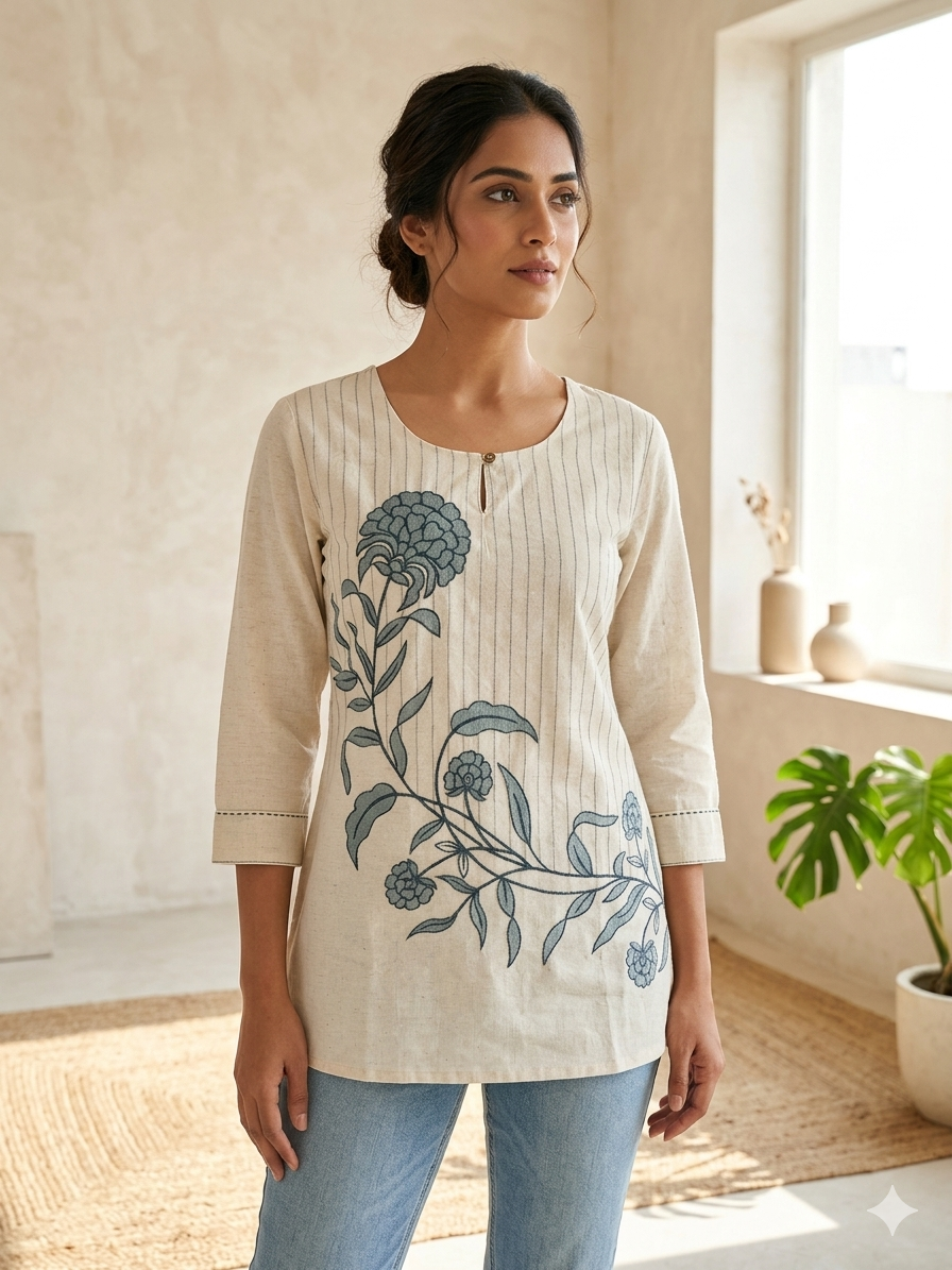Elegant Cotton Flex Floral Embroidered Short Top for Women