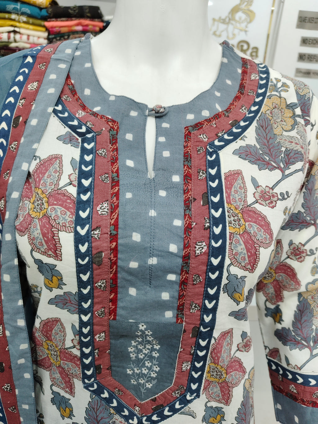 Elegant Floral Printed Cotton Kurta Set with Pants & Dupatta – Blue