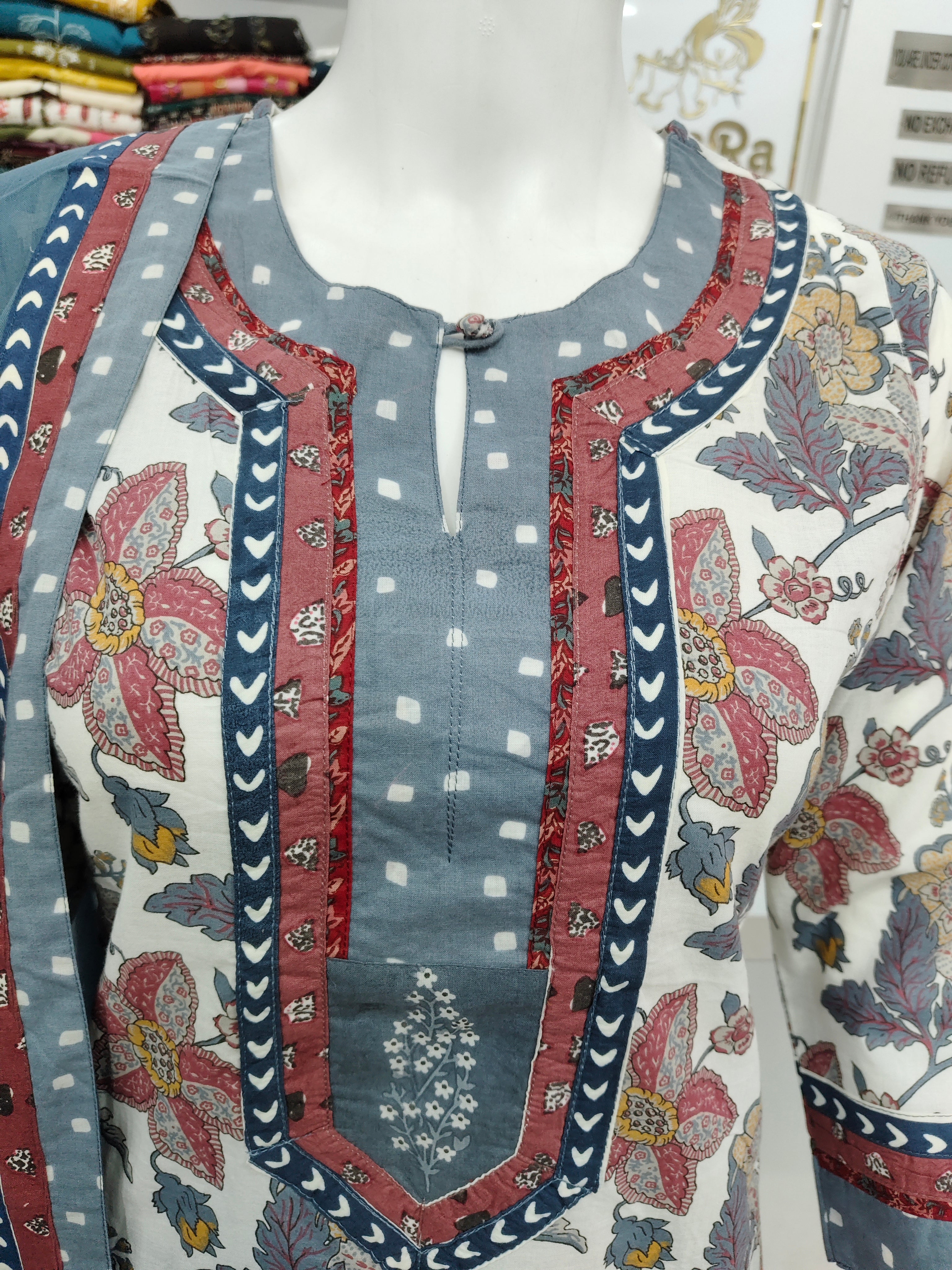 Elegant Floral Printed Cotton Kurta Set with Pants & Dupatta – Blue