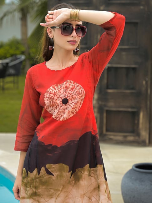 Red Ombre Smoke Printed with Tie-Die Mul Cotton A-Line Kurti with Pants | Designer 2-Piece Ethnic Set for Women