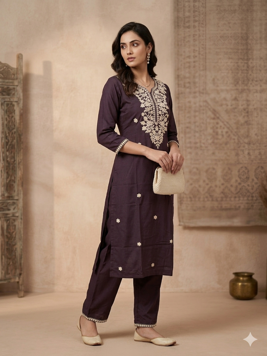 Royal Plum/ Falsa Color Embroidered Kurta Pant Set
