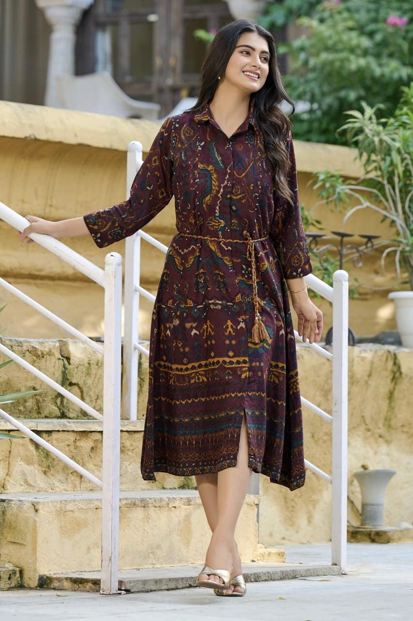 Elegant Printed Pure Viscose One Piece Dress with Waist Tie-Up | Casual & Festive Wear