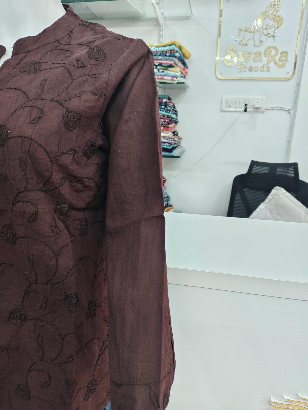 Elegant Coffee Brown Embroidered Cotton Shirt for Women