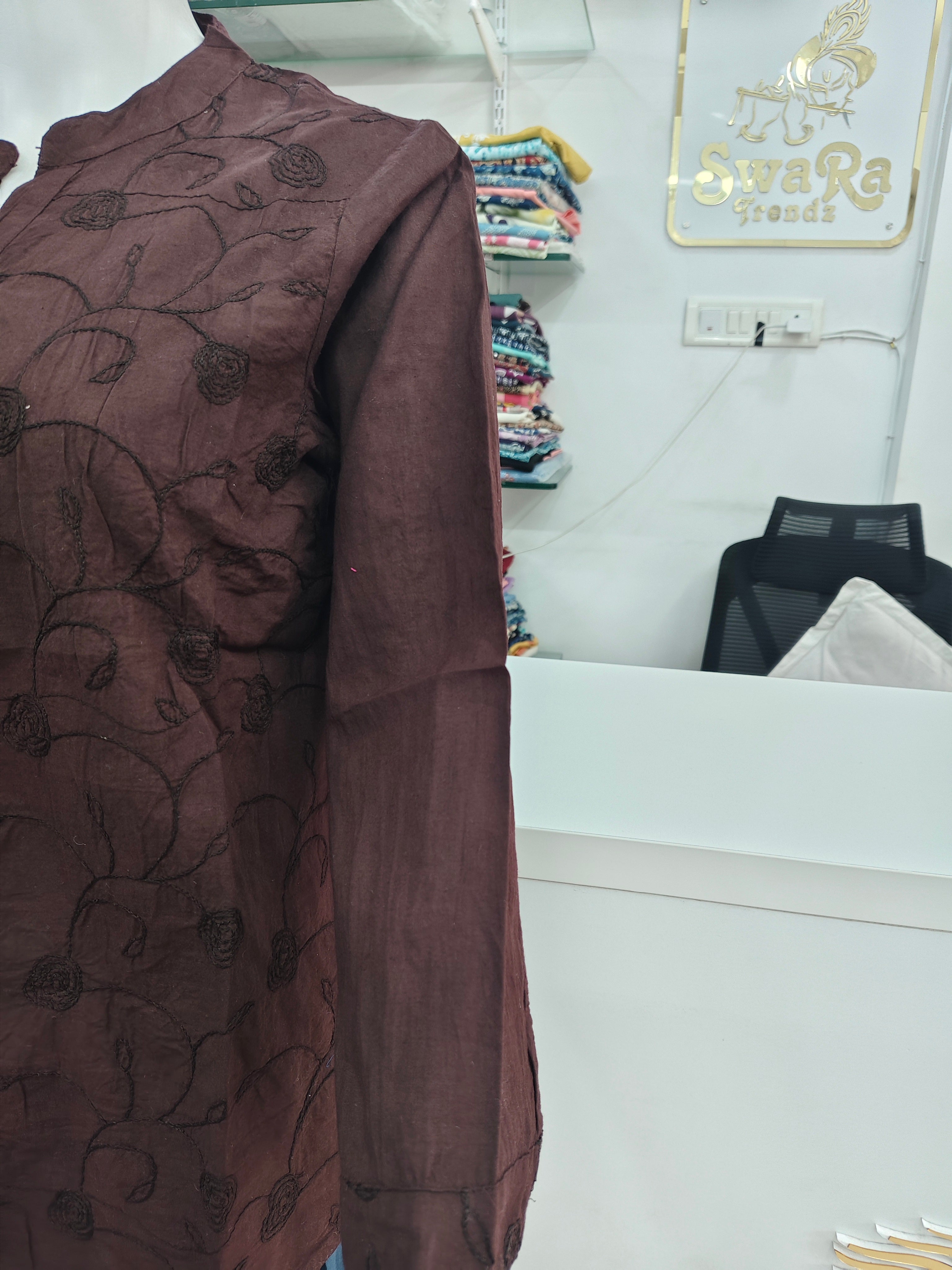 Elegant Coffee Brown Embroidered Cotton Shirt for Women