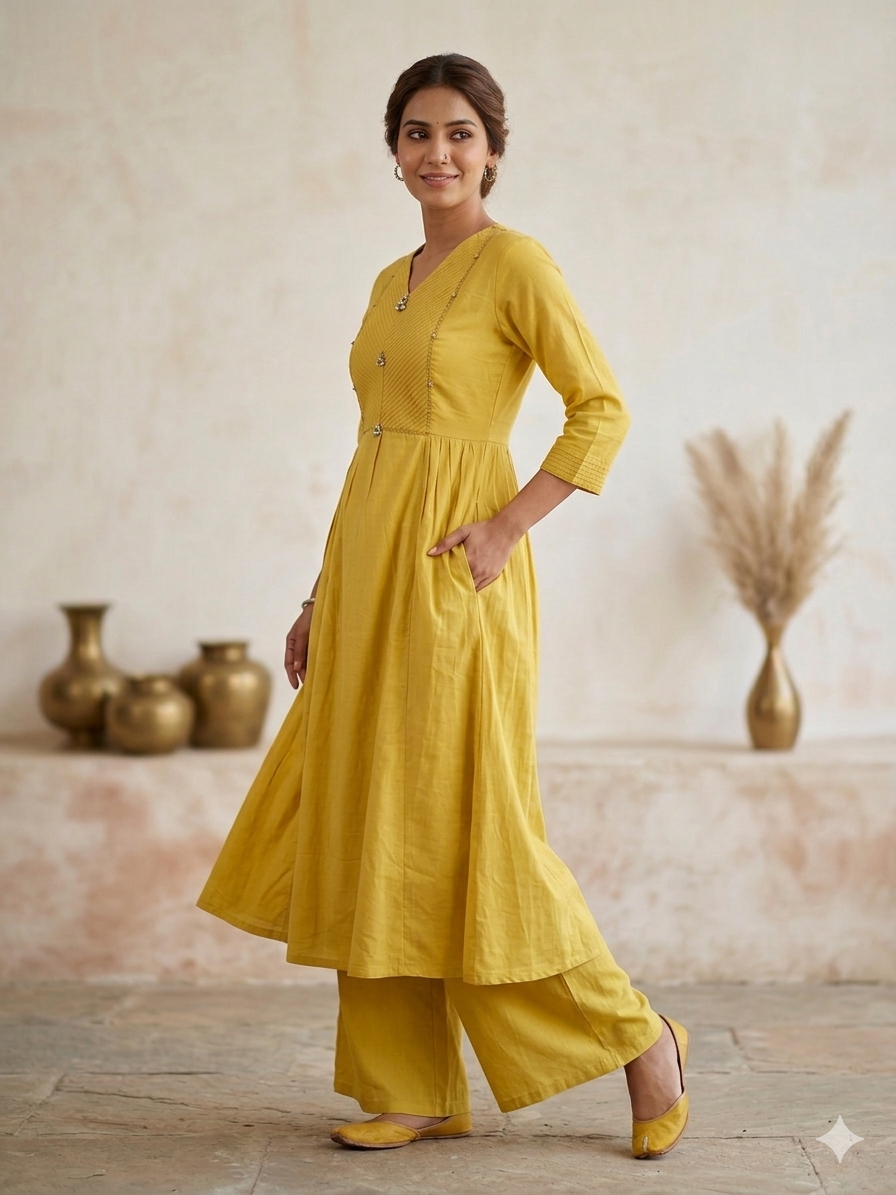 Elegant Mustard Mul Cotton 2-Piece Kurti Palazzo Set with Pintuck Detailing