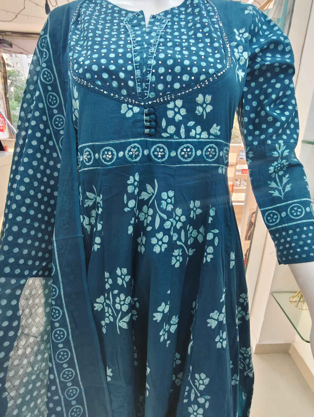Teal Blue Handblock Printed Cotton Anarkali Suit Set with Dupatta | 3 Piece Ethnic Set