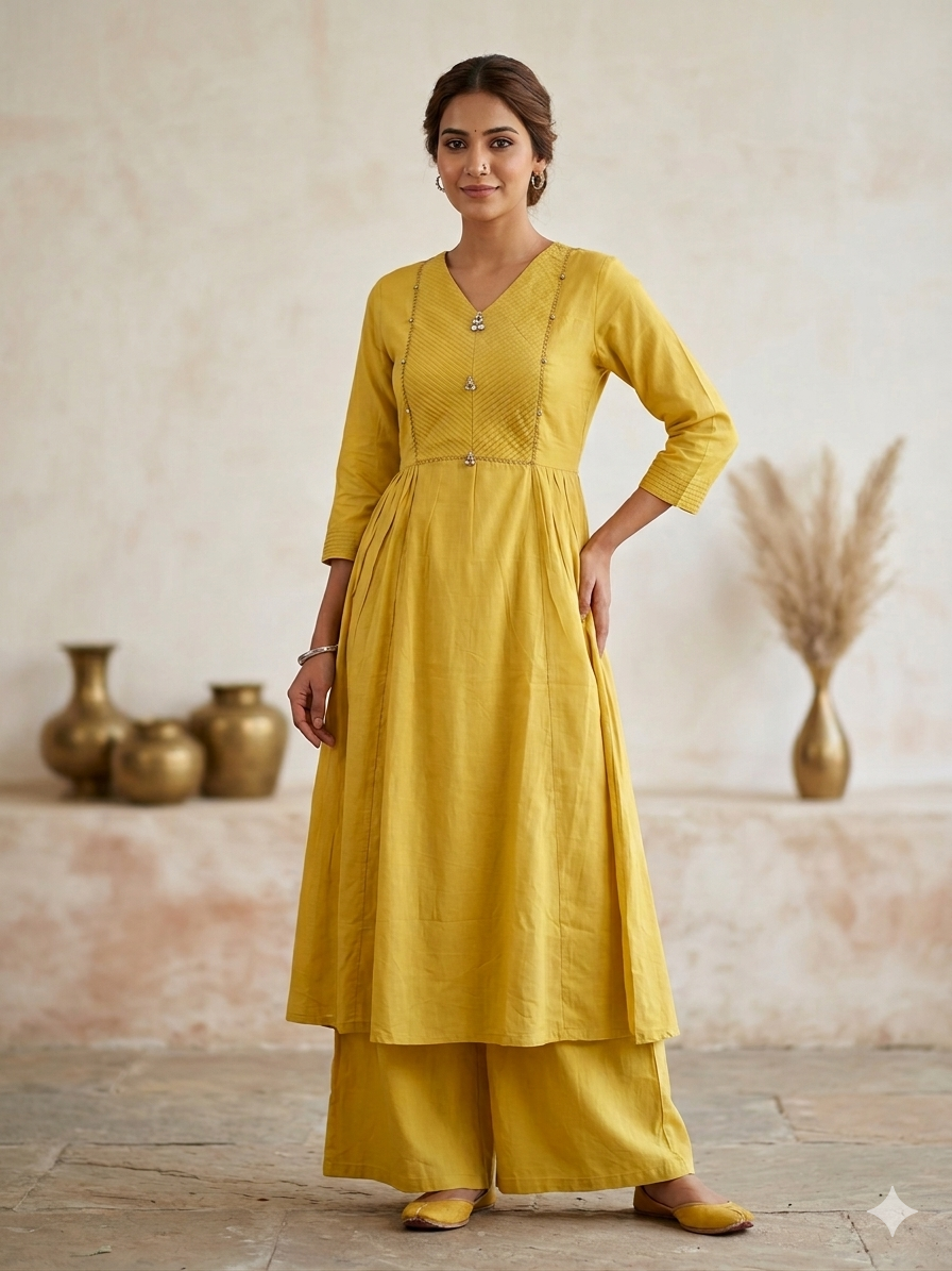 Elegant Mustard Mul Cotton 2-Piece Kurti Palazzo Set with Pintuck Detailing