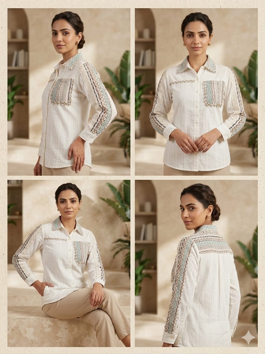 Elegant Pure Cotton Textured Short Top with Handcrafted Jute Lace Detailing