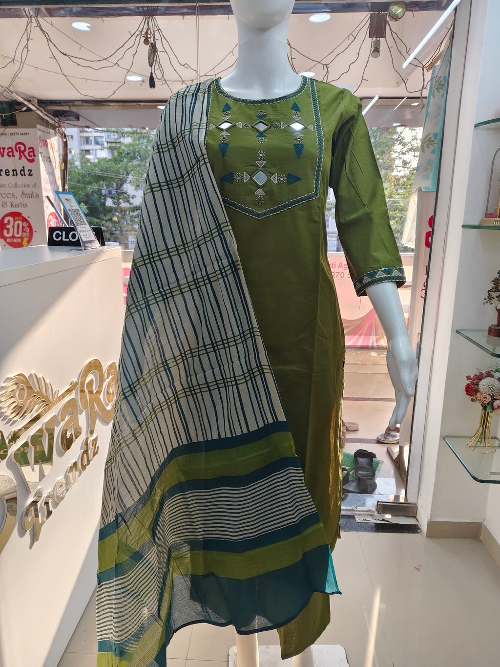 Olive Green Mirror Work Cotton Kurta Pant Dupatta Set for Women