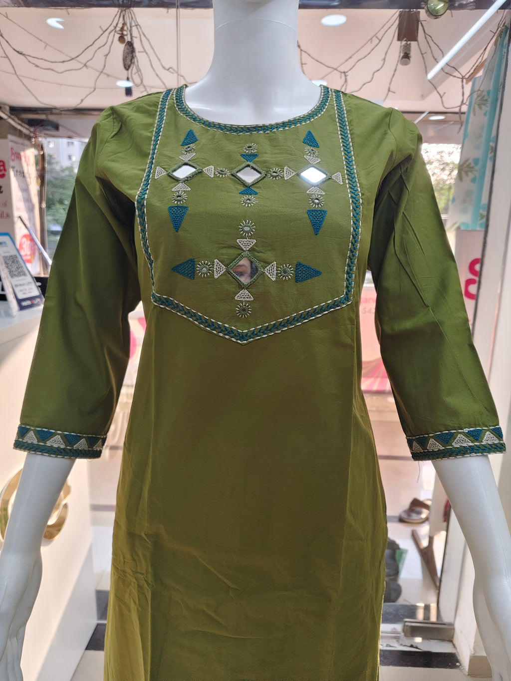 Olive Green Mirror Work Cotton Kurta Pant Dupatta Set for Women