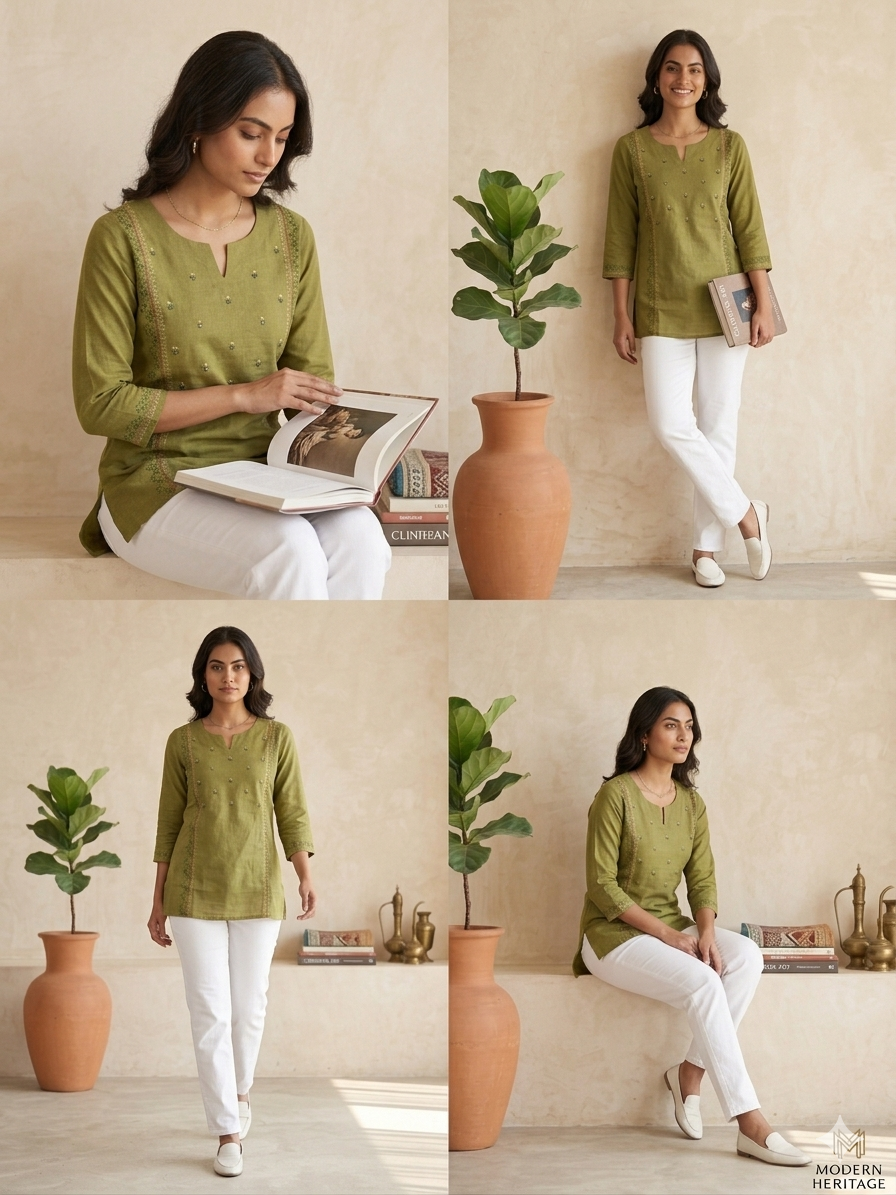 Olive Green Cotton Flex Embroidered Short Top