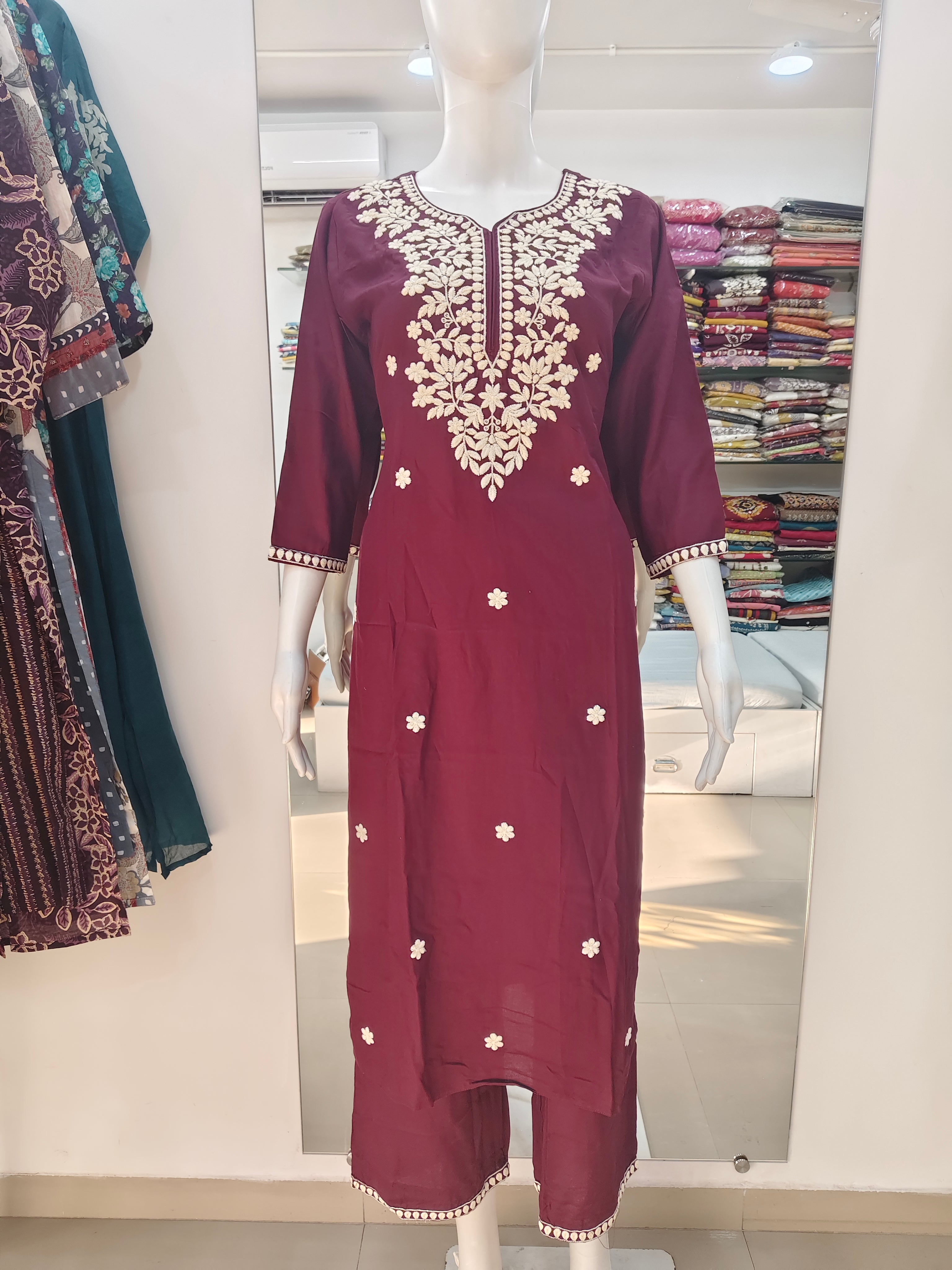 Wine Purple Embroidered Kurta Pant Set