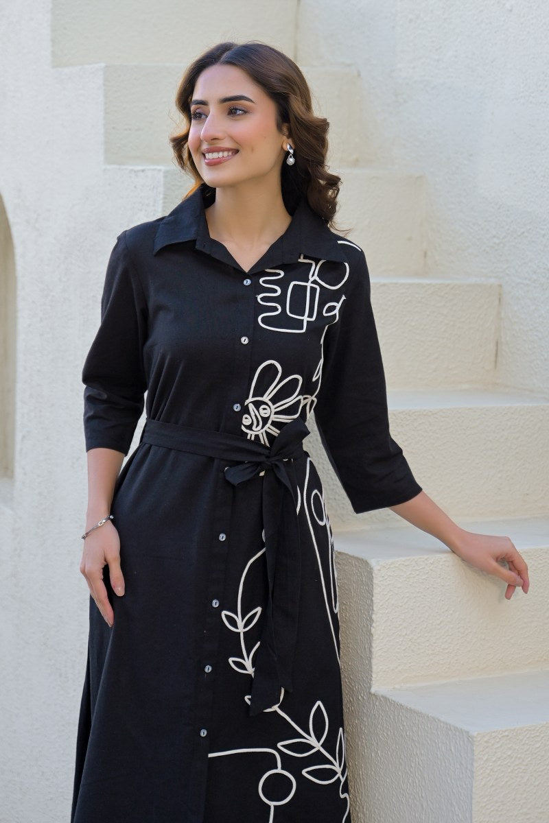 Black Abstract Appliqued Shirt Dress with Belt