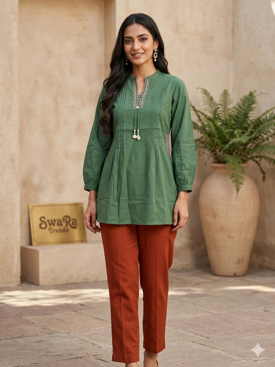 Elegant Green Cotton flex Short Top with Pintuck Design & Embroidered Neckline