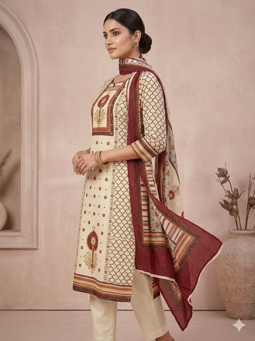 Women’s Pure Cotton Printed 3 Piece Suit Set with Dupatta | Ethnic Straight Kurta Pant Set