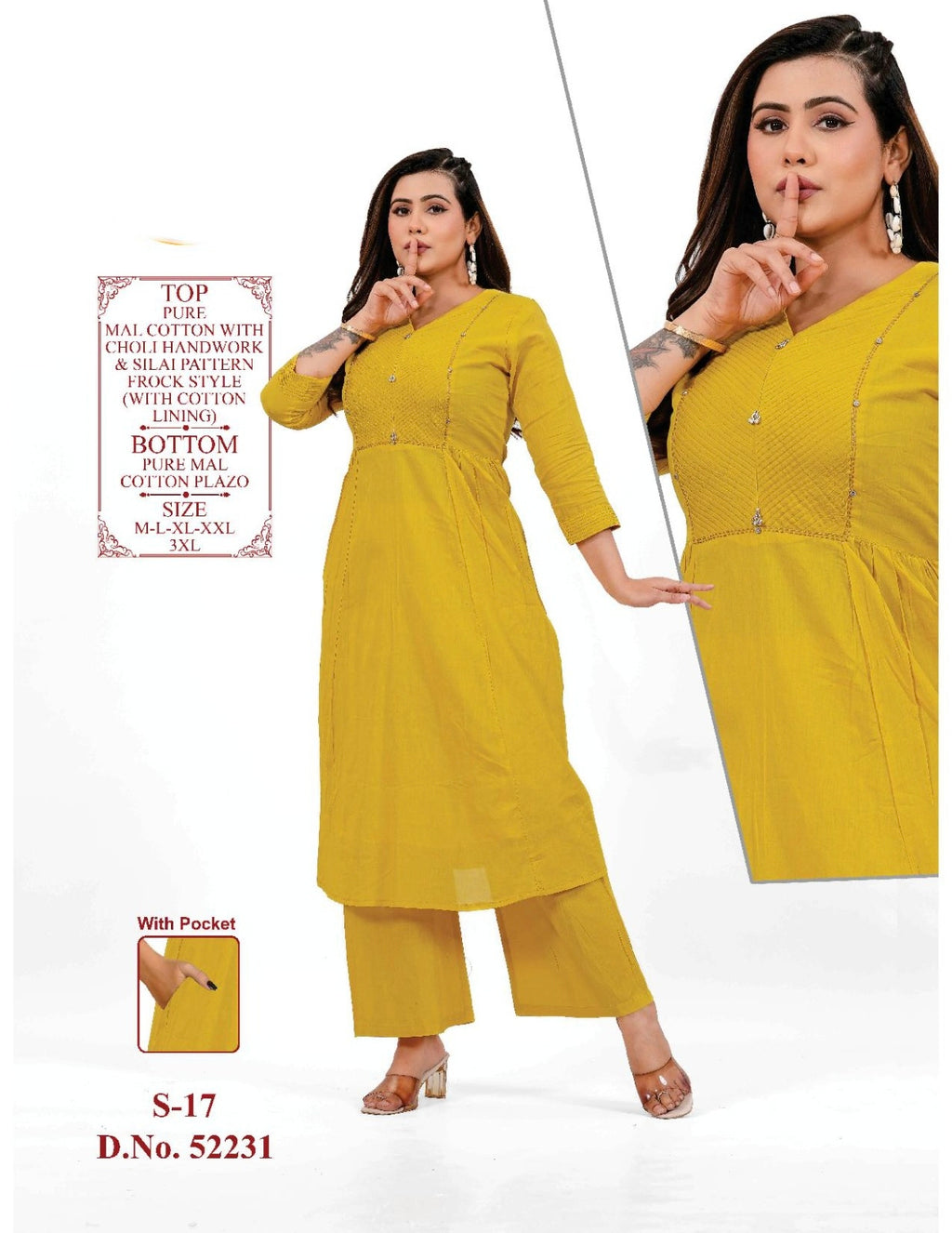 Elegant Mustard Mul Cotton 2-Piece Kurti Palazzo Set with Pintuck Detailing