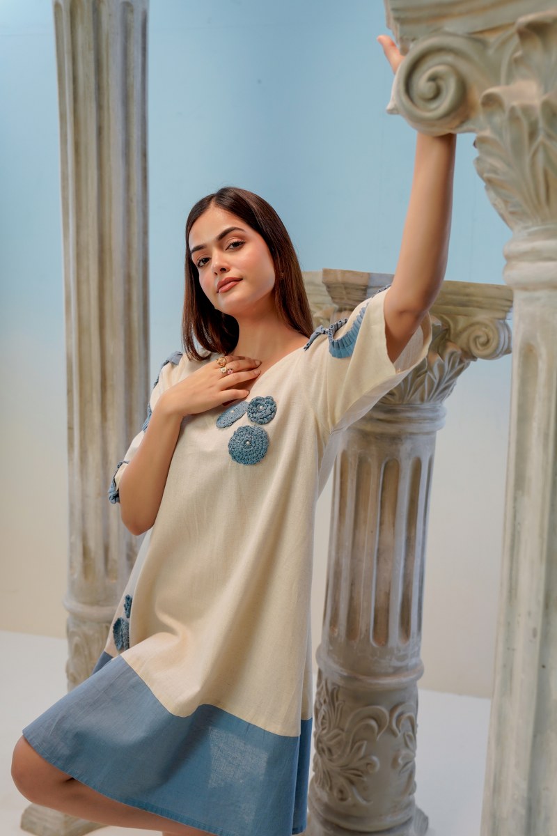Beige & Blue Cotton Flex A-Line Frock with Handcrafted Appliqué Work