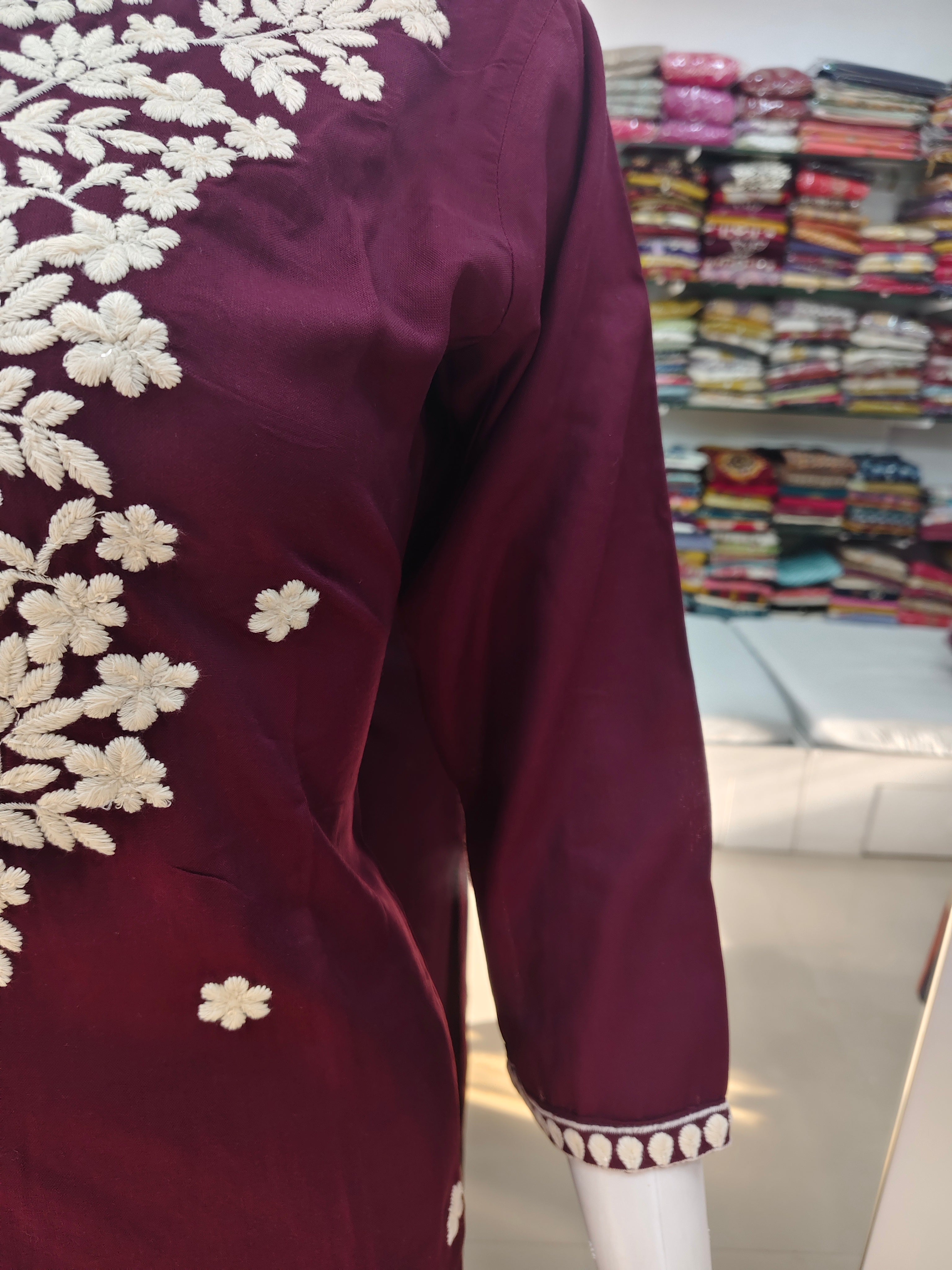 Wine Purple Embroidered Kurta Pant Set