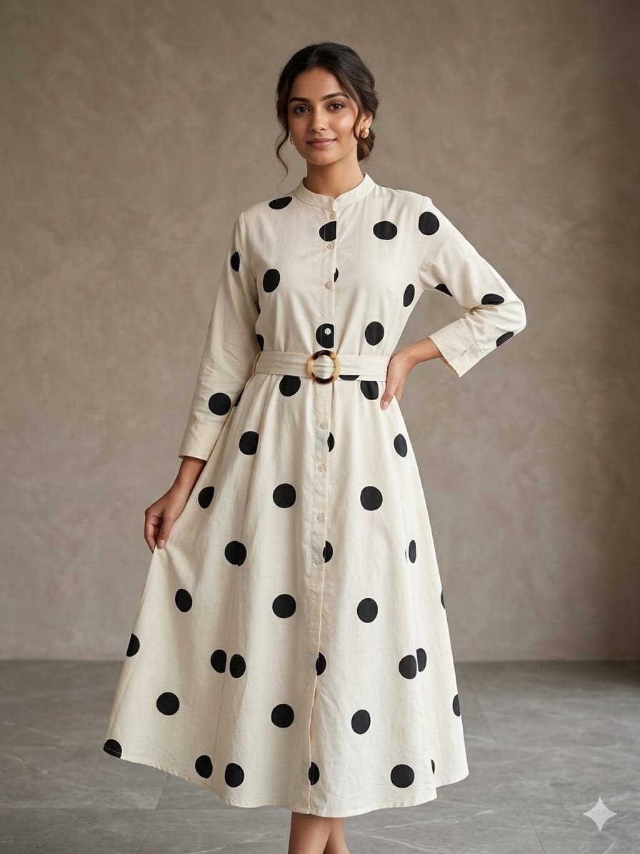 Elegant Polka Dot Belted One-Piece Dress – Imported Fabric | Button-Down Midi Dress for Women