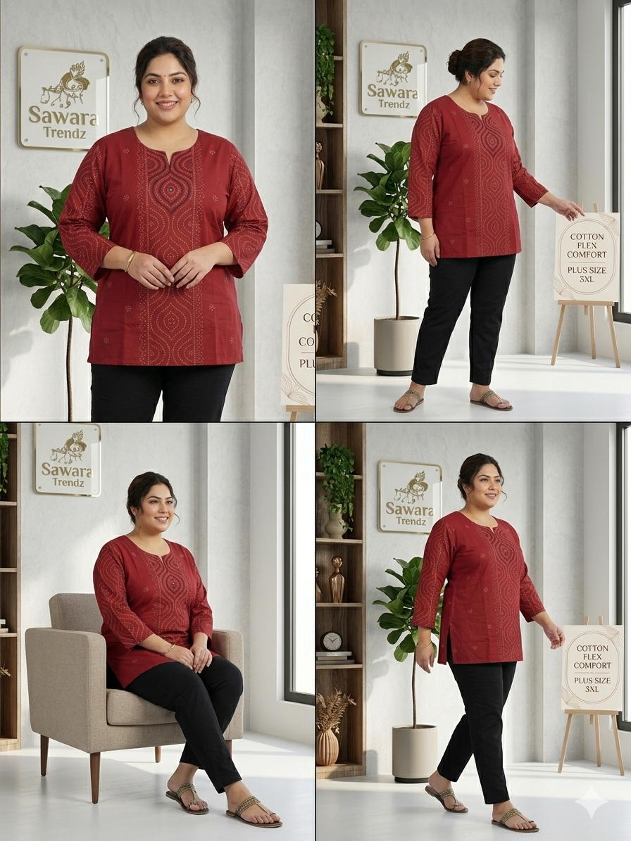 Maroon Cotton Flex embroidery and handboocked Short Top (3XL to 5XL) – Elegant Ethnic Casual Wear