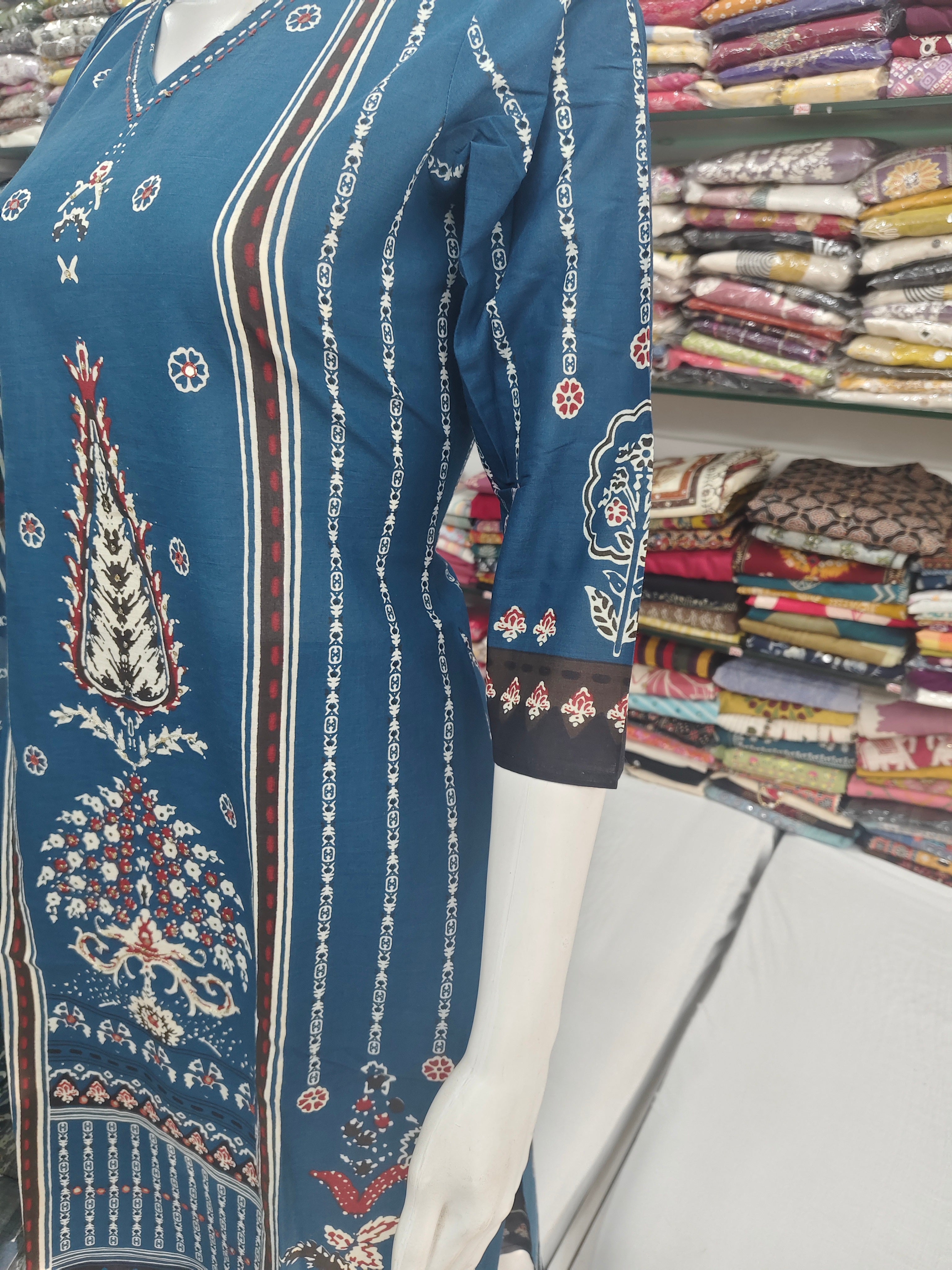 Elegant Blue Printed Cotton 3 Piece Suit Set with Dupatta