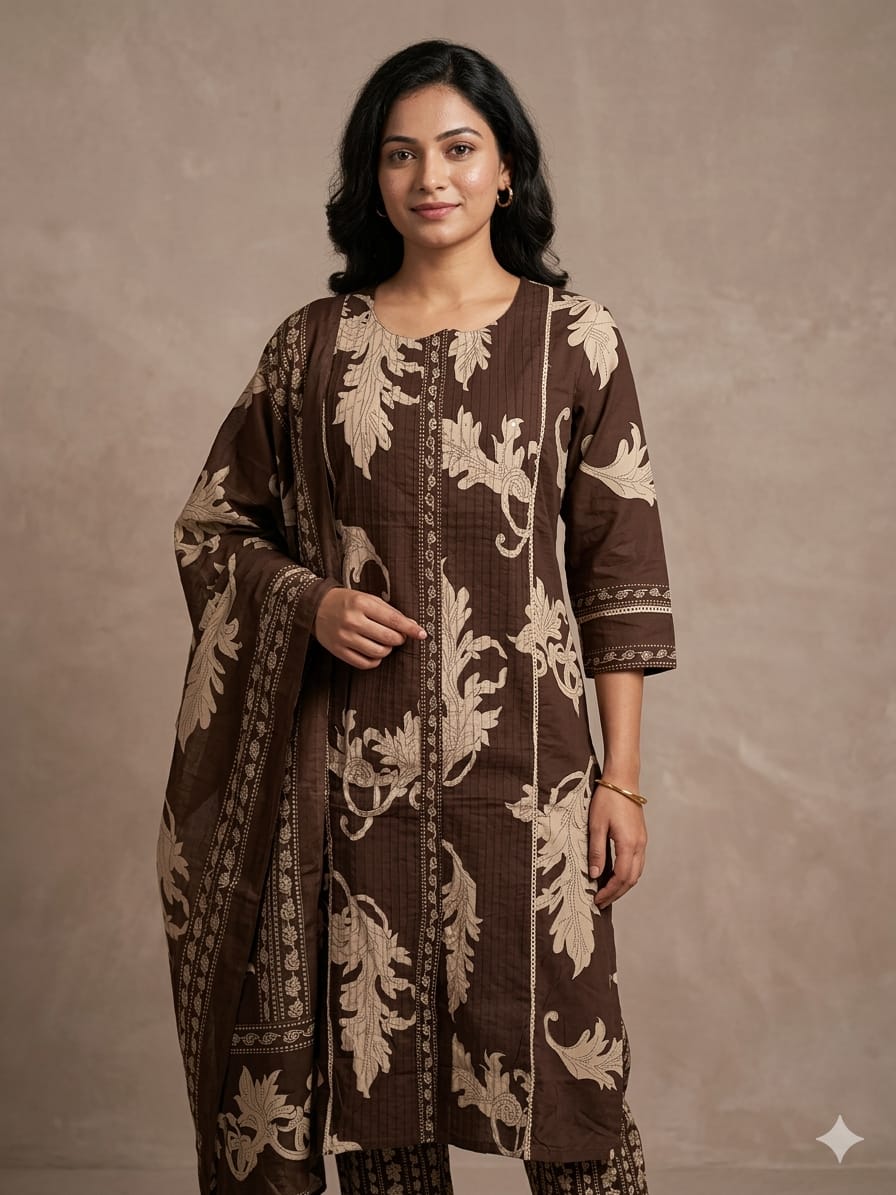 Elegant Brown Printed Kurta set with Dupatta Ethnic 3 piece set for women