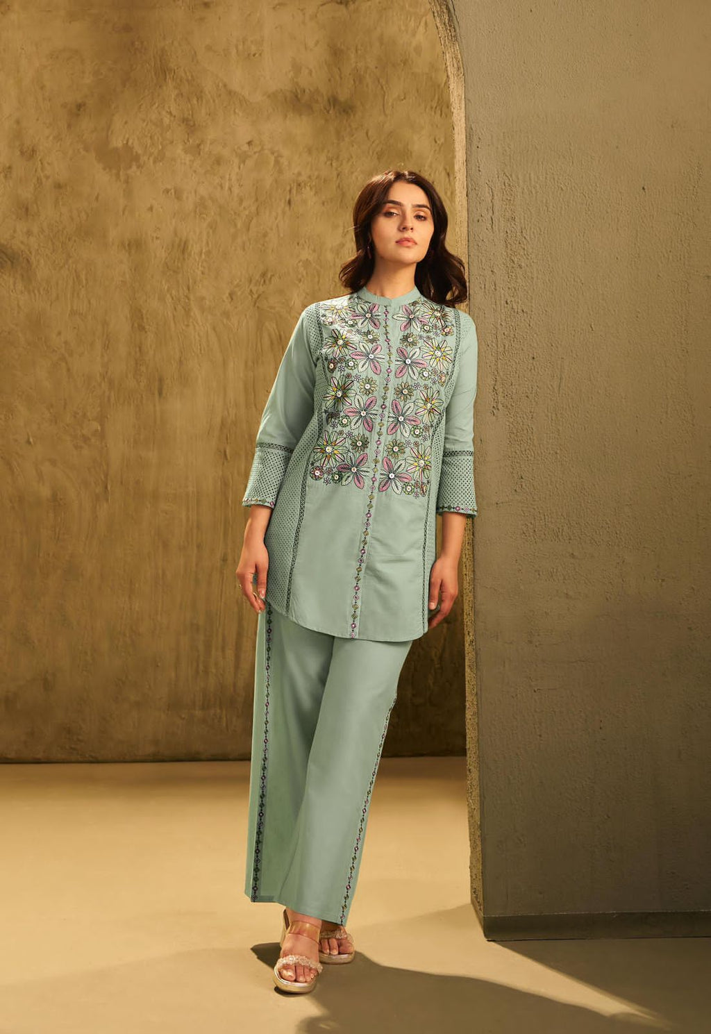 Sage Pastel Green Embroidered and Crochet Co-Ord Set