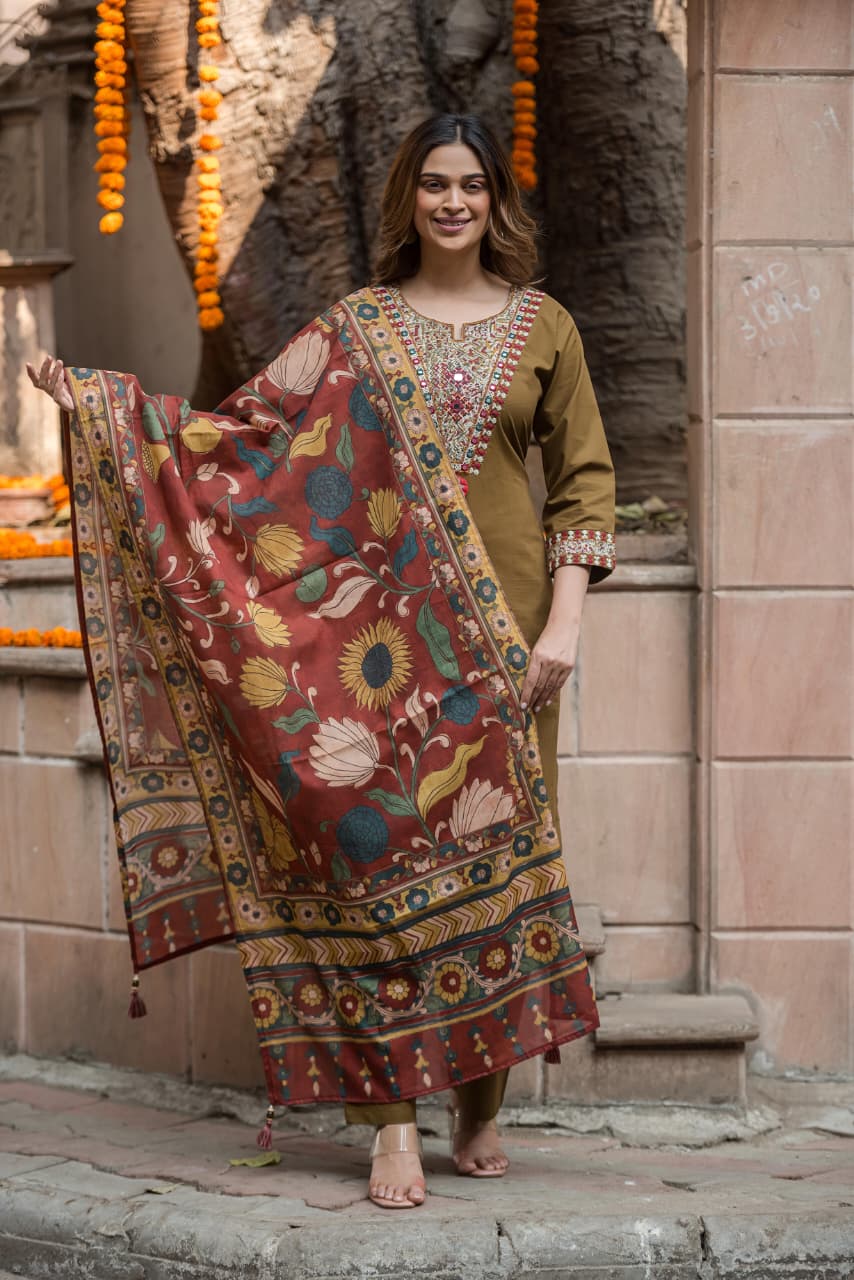 Elegant Olive Embroidered Kurta Set with Printed Dupatta