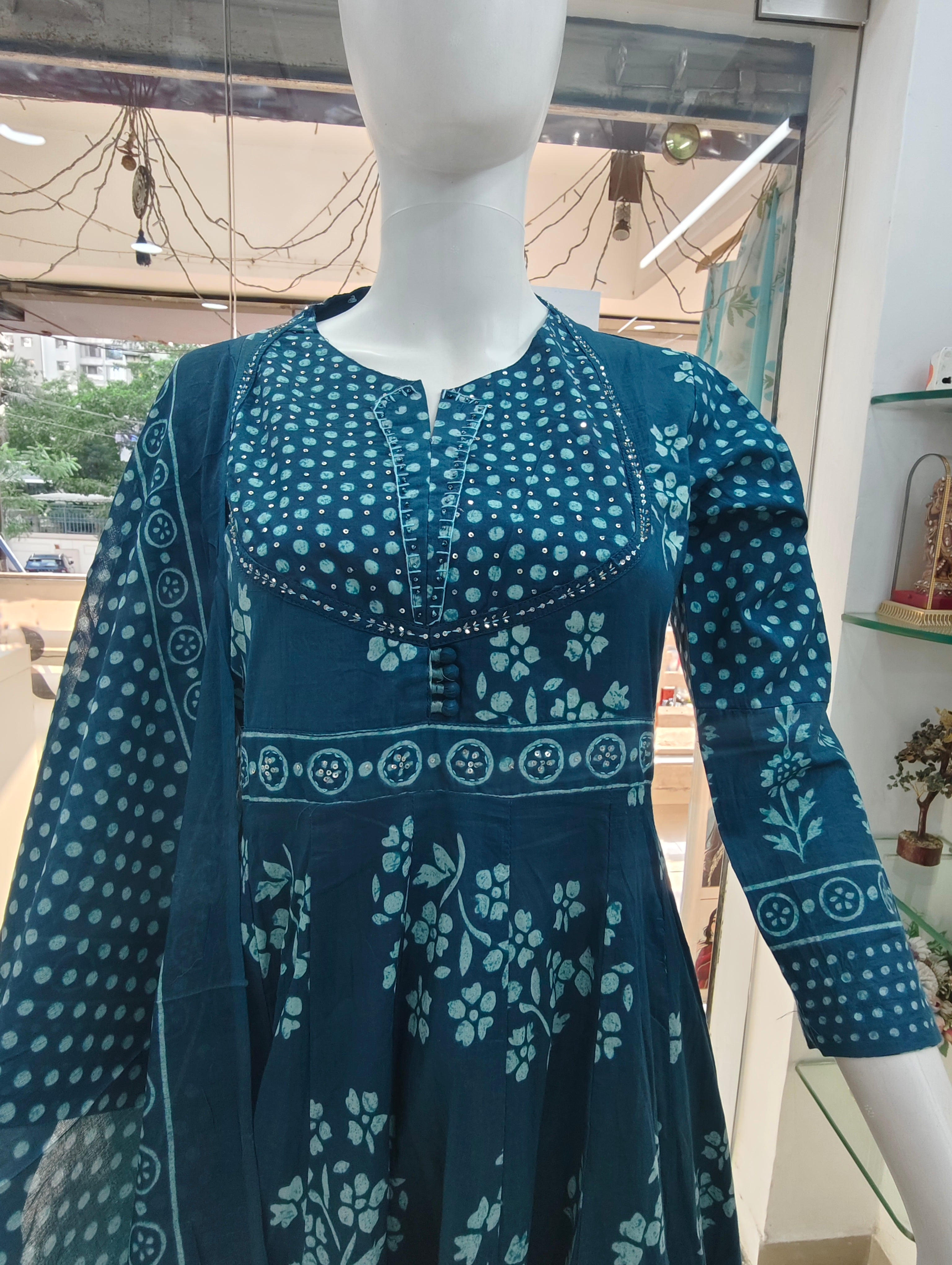 Teal Blue Handblock Printed Cotton Anarkali Suit Set with Dupatta | 3 Piece Ethnic Set