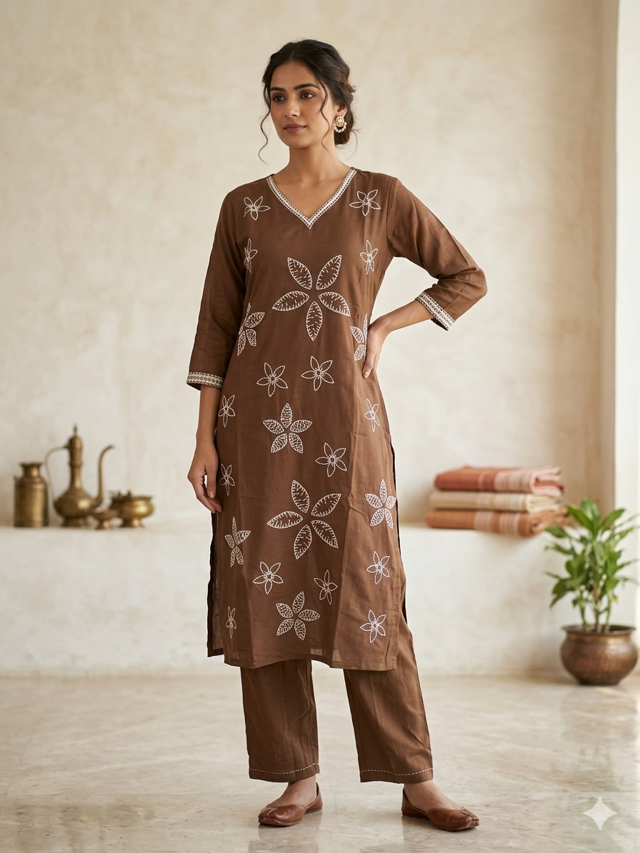 Elegant Chocolate Brown Embroidered 2-Piece Kurta Pant Set