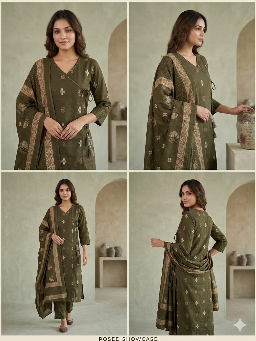 Olive Green Handblock Printed Angrakha Cotton Kurta Set with Dupatta