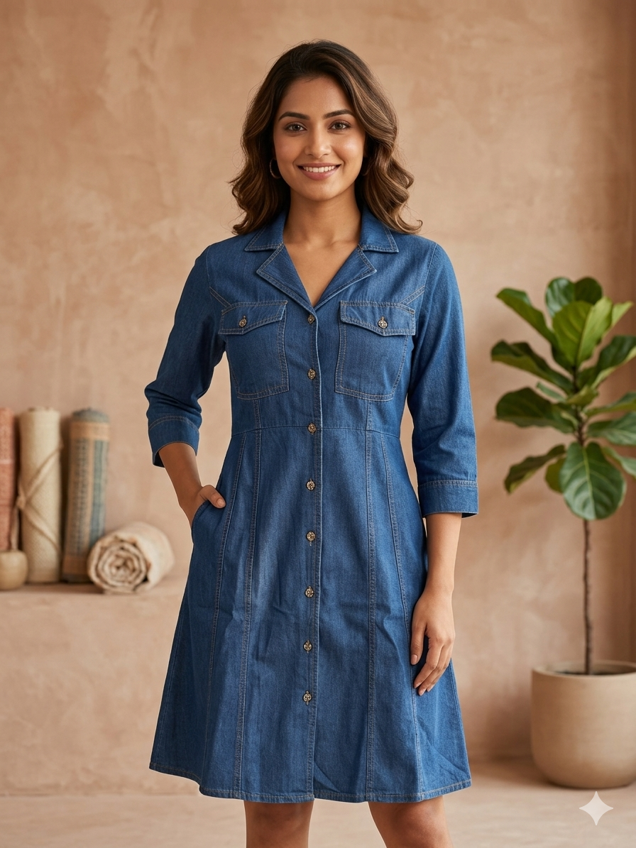 Women’s Denim Shirt Dress | Stylish Button-Down One Piece with Collar & Pockets