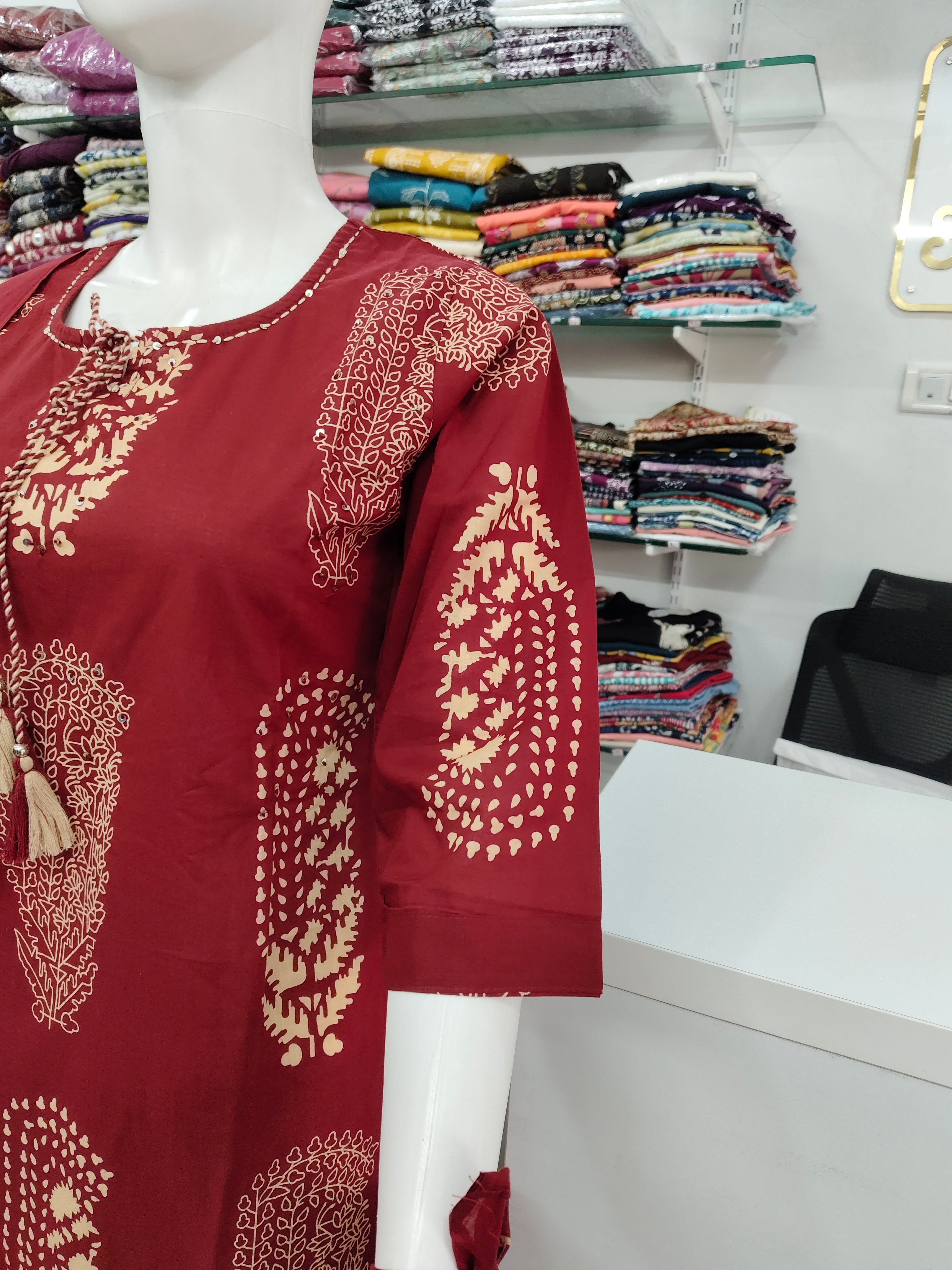 Maroon Cotton Printed Kurta Set with Matching Dupatta and tassel- 3 piece ethnic wear