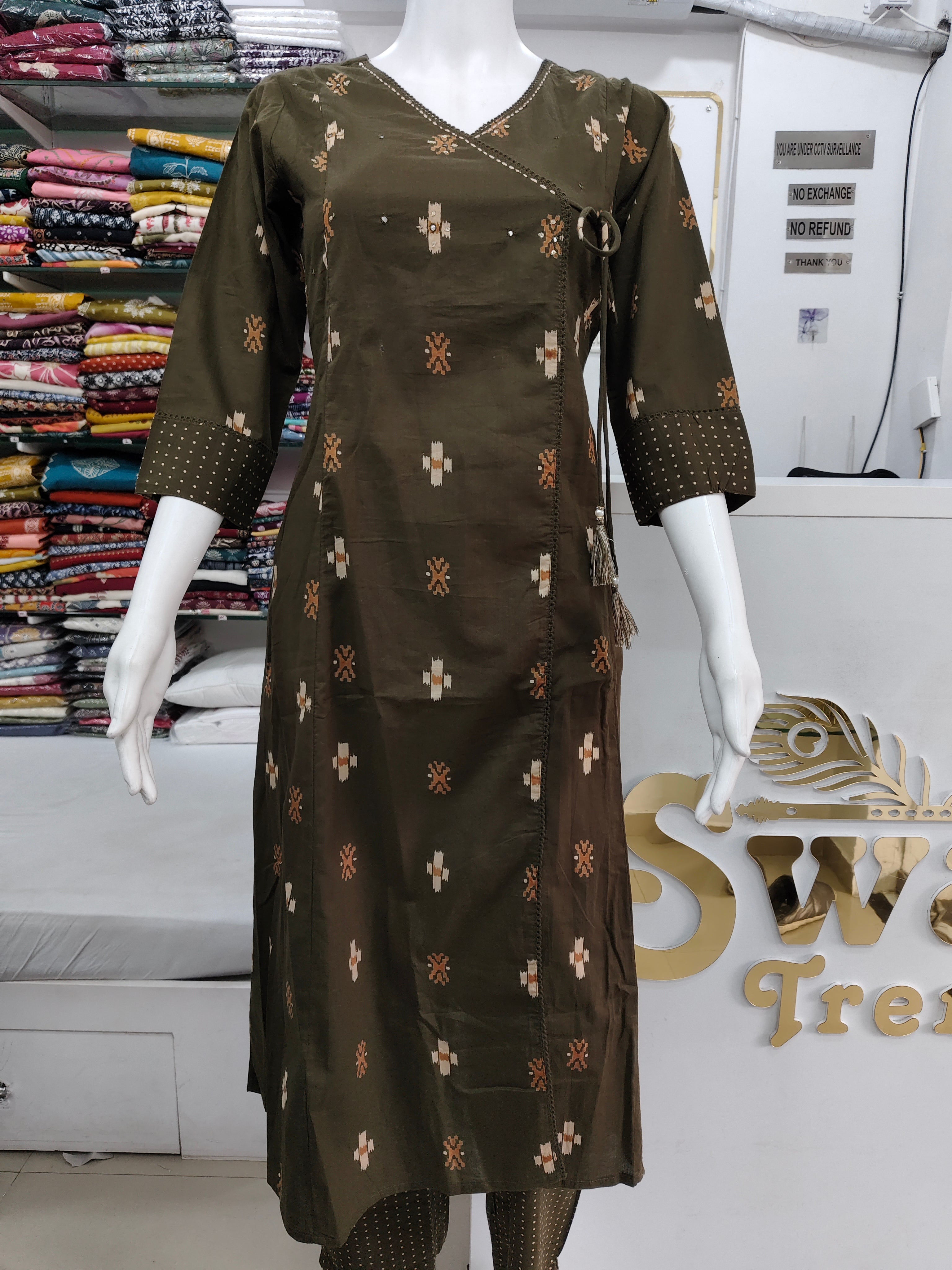 Olive Green Handblock Printed Angrakha Cotton Kurta Set with Dupatta