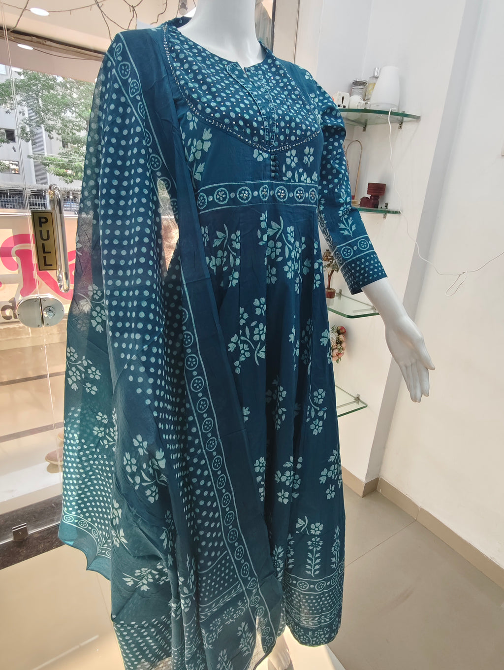 Teal Blue Handblock Printed Cotton Anarkali Suit Set with Dupatta | 3 Piece Ethnic Set