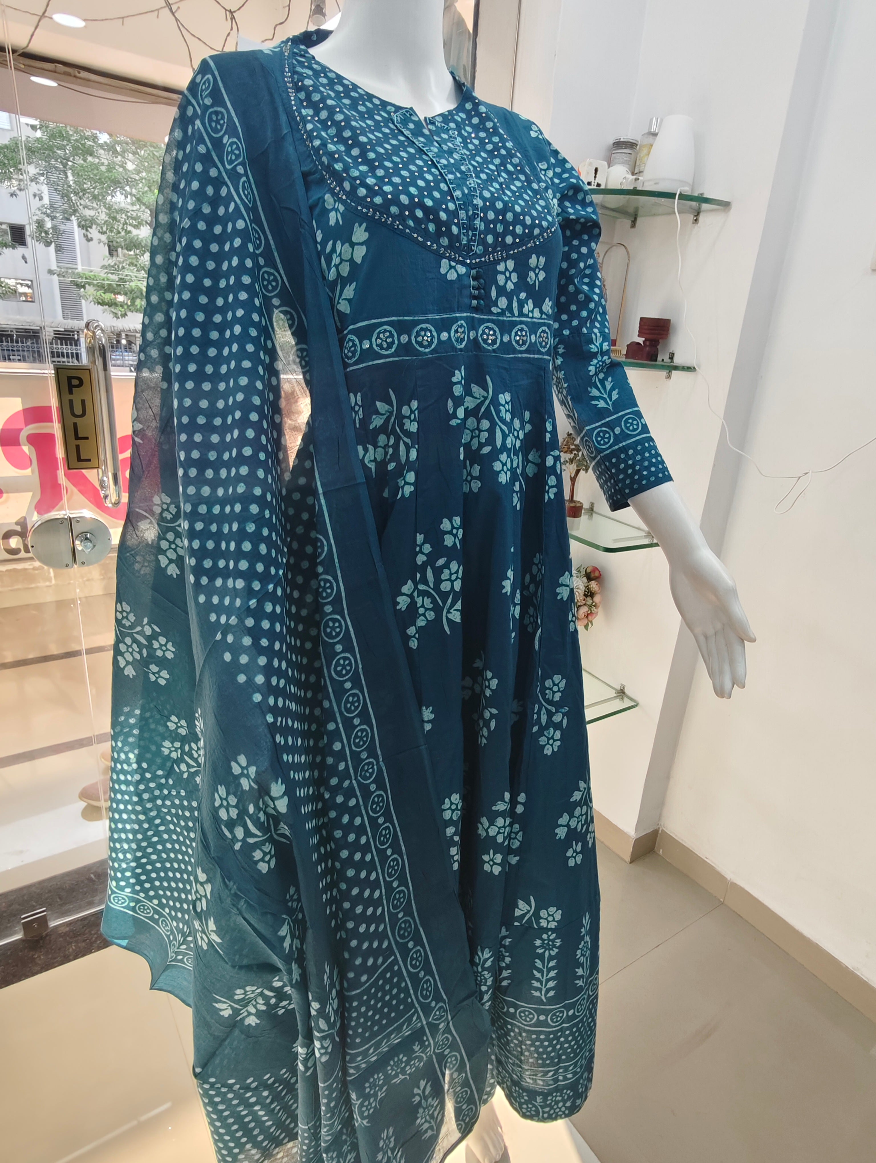Teal Blue Handblock Printed Cotton Anarkali Suit Set with Dupatta | 3 Piece Ethnic Set
