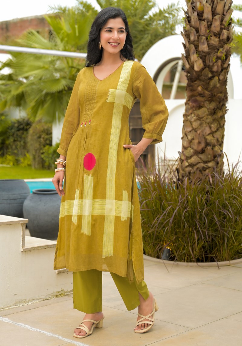 Light Mustard Cotton A-Line Kurta Set with Handcrafted Print & Straight Pants