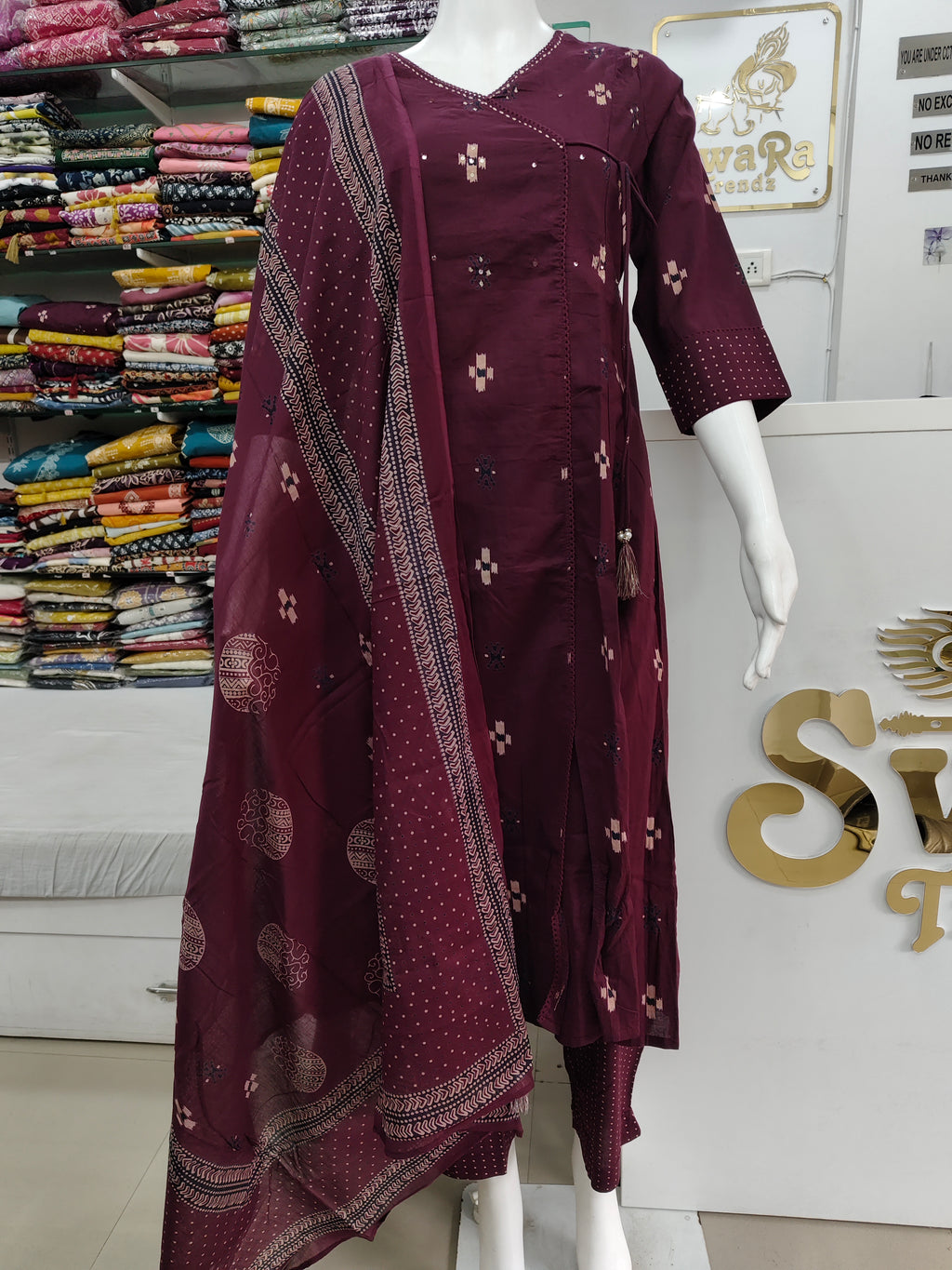 Elegant Wine Cotton Printed Kurta Set with Dupatta – 3 Piece Ethnic Suit