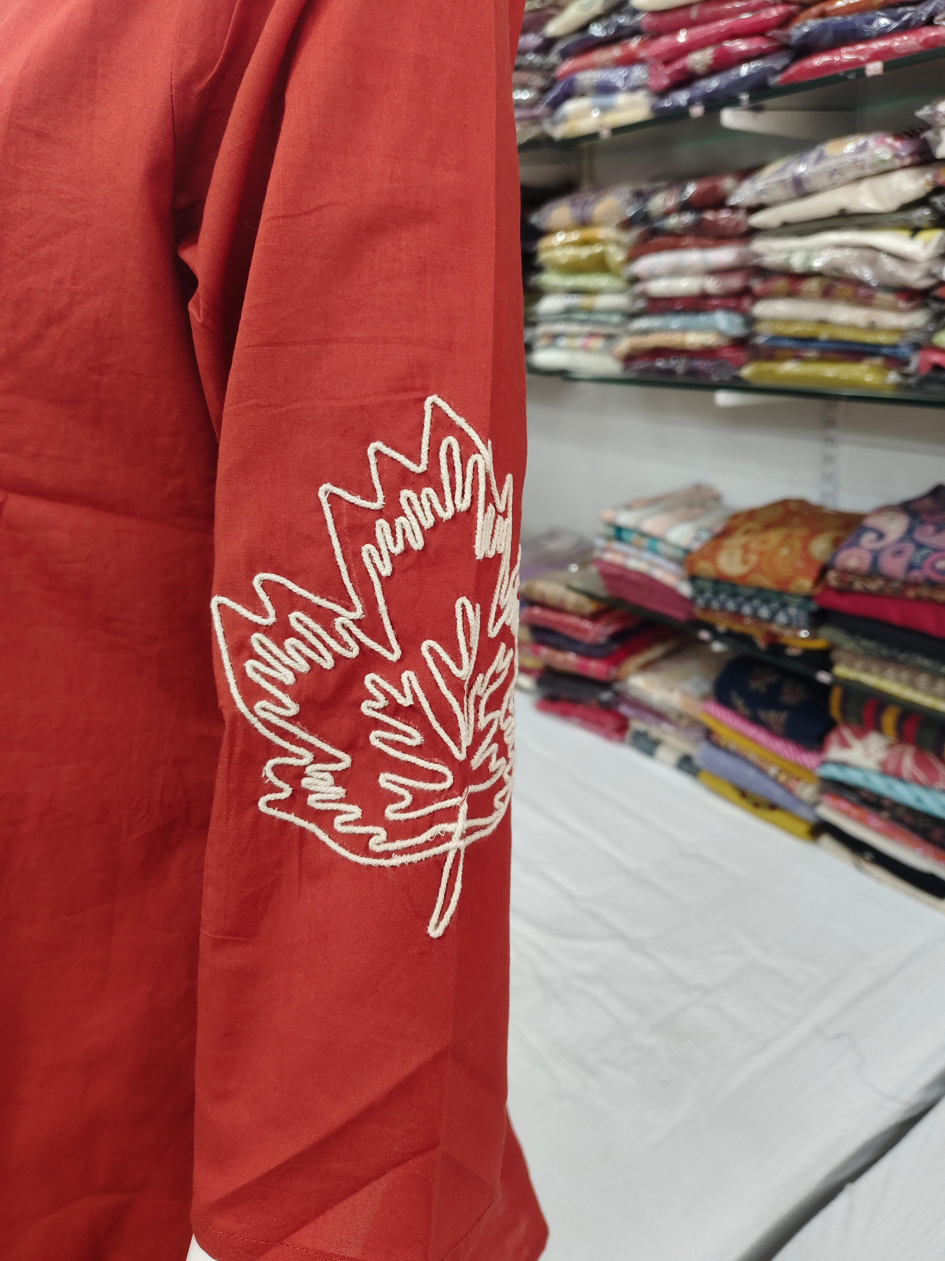 Rust Red Cotton Short Top with Leaf Embroidery | Casual A-Line Tunic for Women