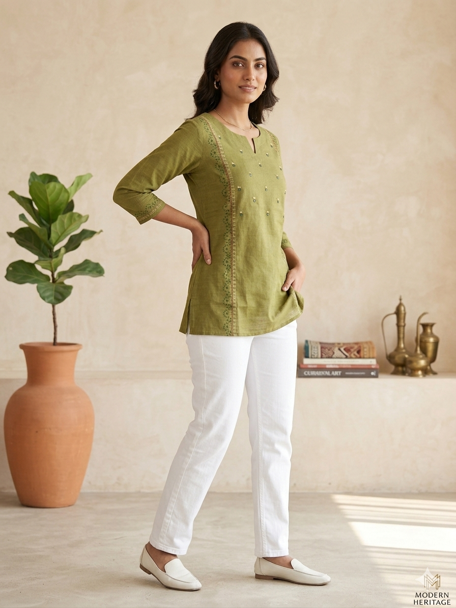 Olive Green Cotton Flex Embroidered Short Top
