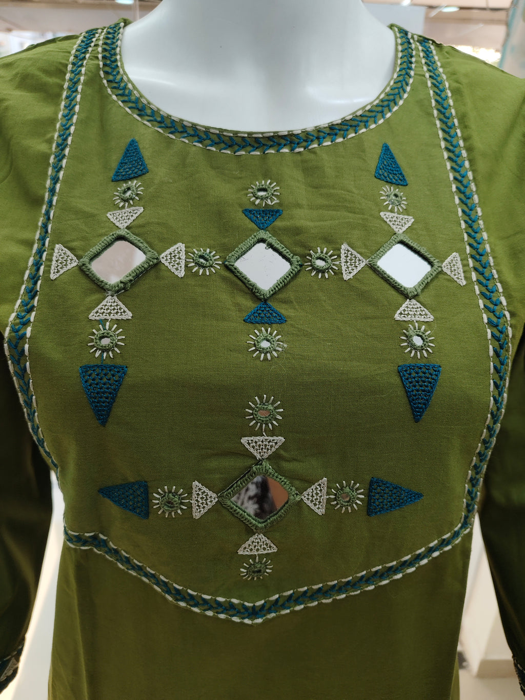 Olive Green Mirror Work Cotton Kurta Pant Dupatta Set for Women