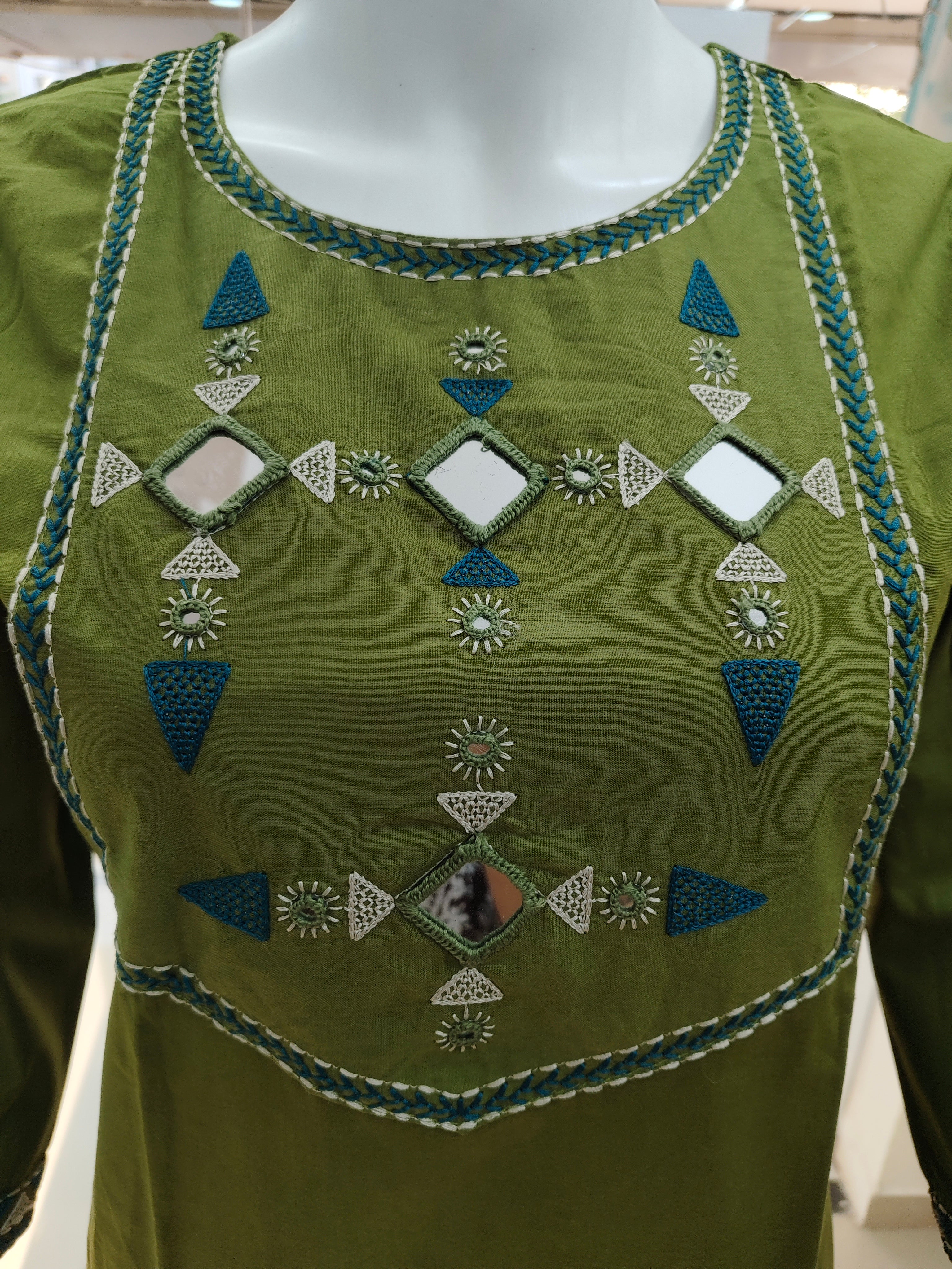 Olive Green Mirror Work Cotton Kurta Pant Dupatta Set for Women