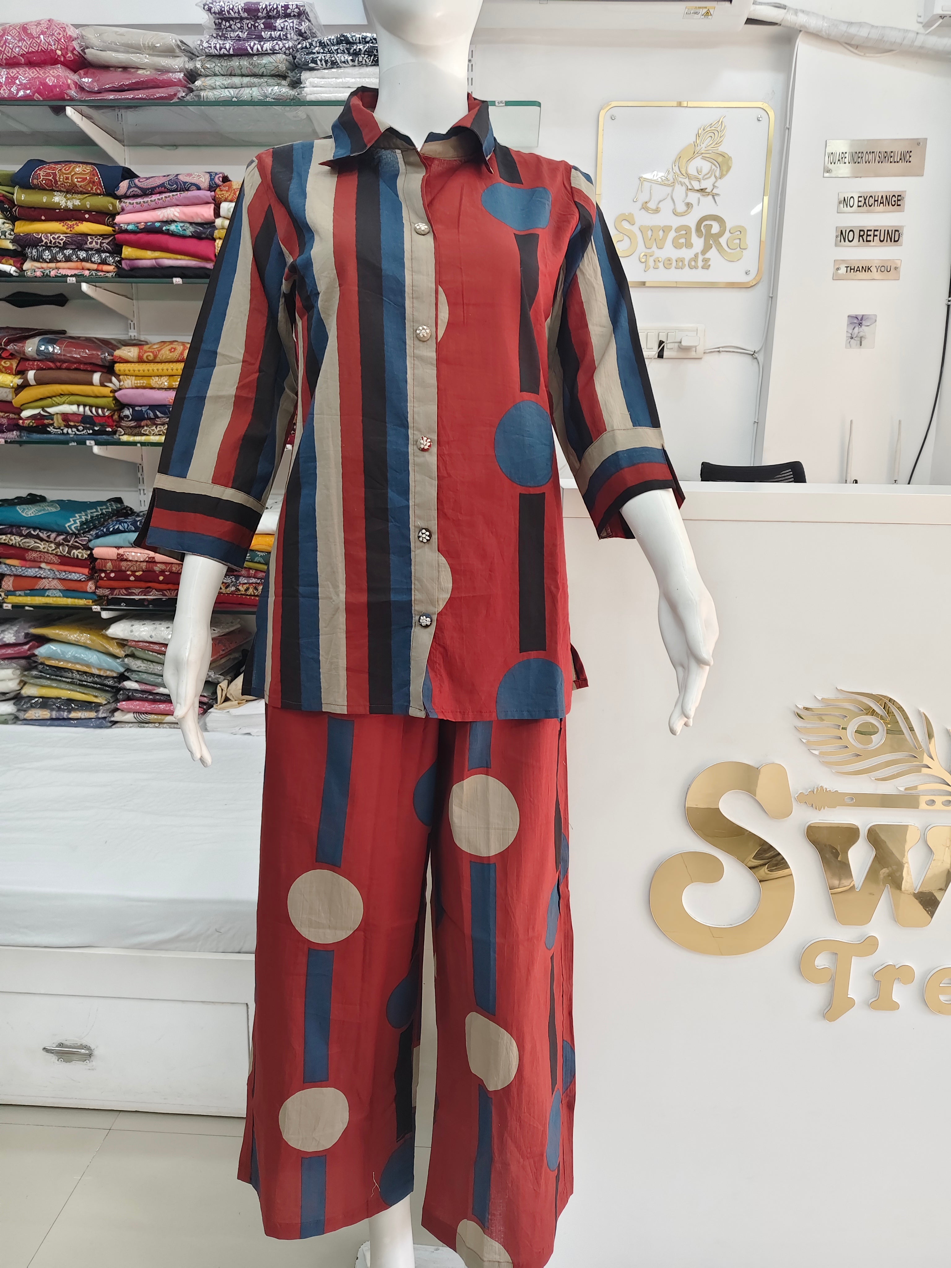 Rust Red Geometric Print Pure Cotton Co-Ord Set for Women