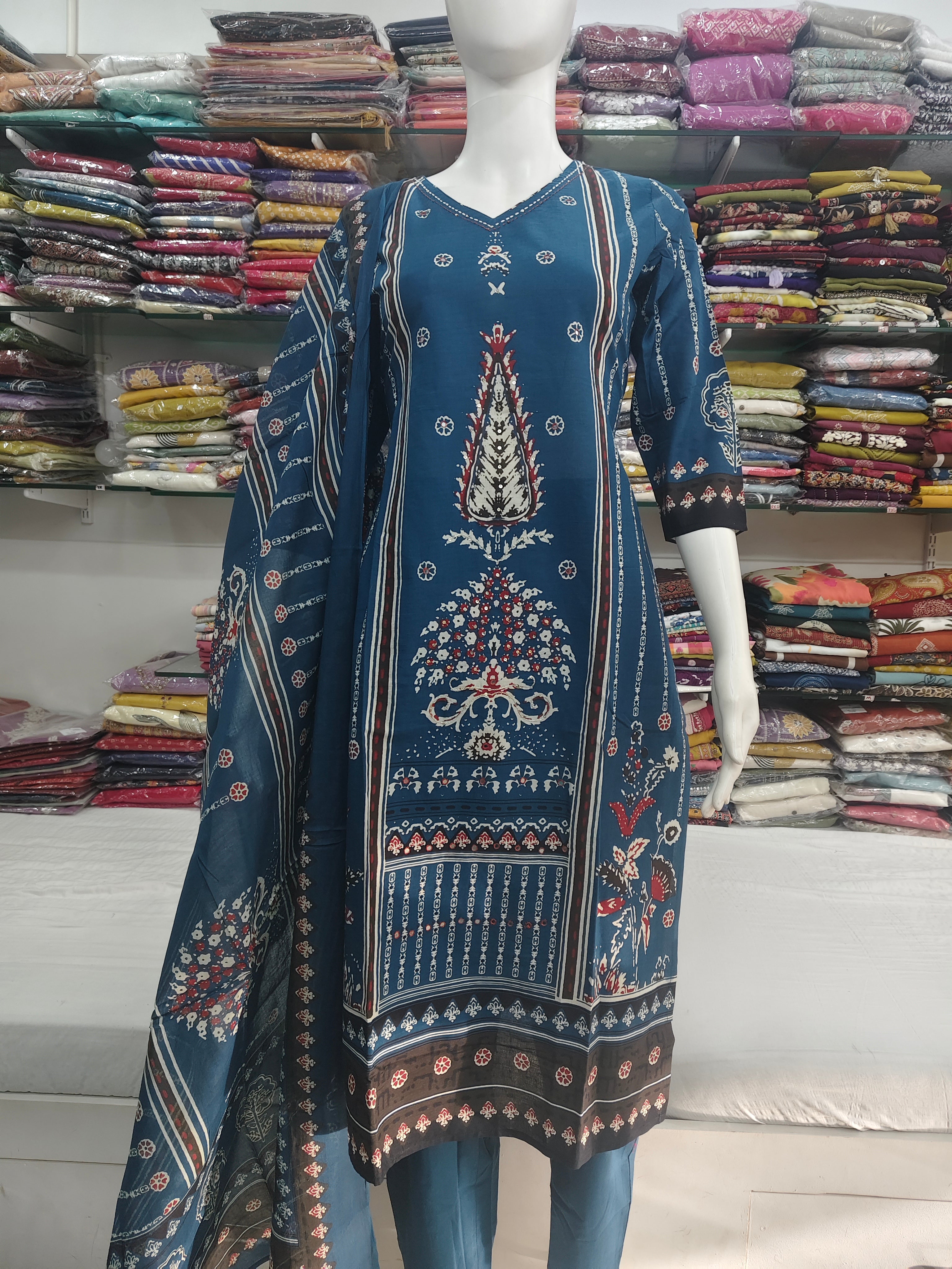 Elegant Blue Printed Cotton 3 Piece Suit Set with Dupatta