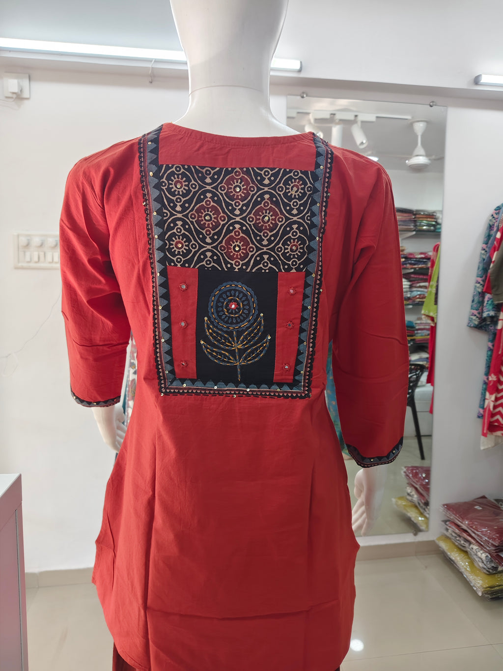 Elegant Rust Red Cotton Short Top with Handcrafted Ethnic Panel Design