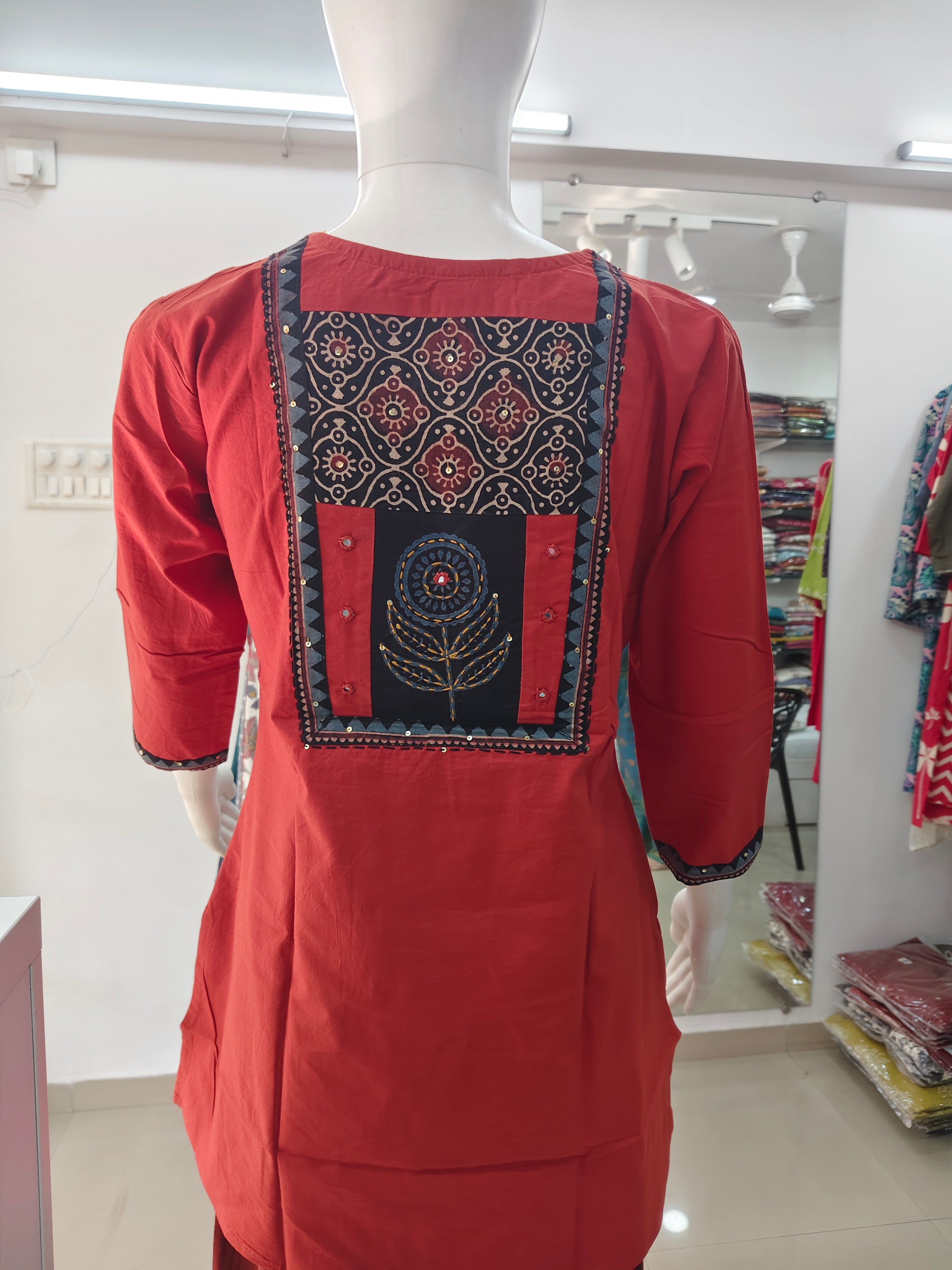 Elegant Rust Red Cotton Short Top with Handcrafted Ethnic Panel Design